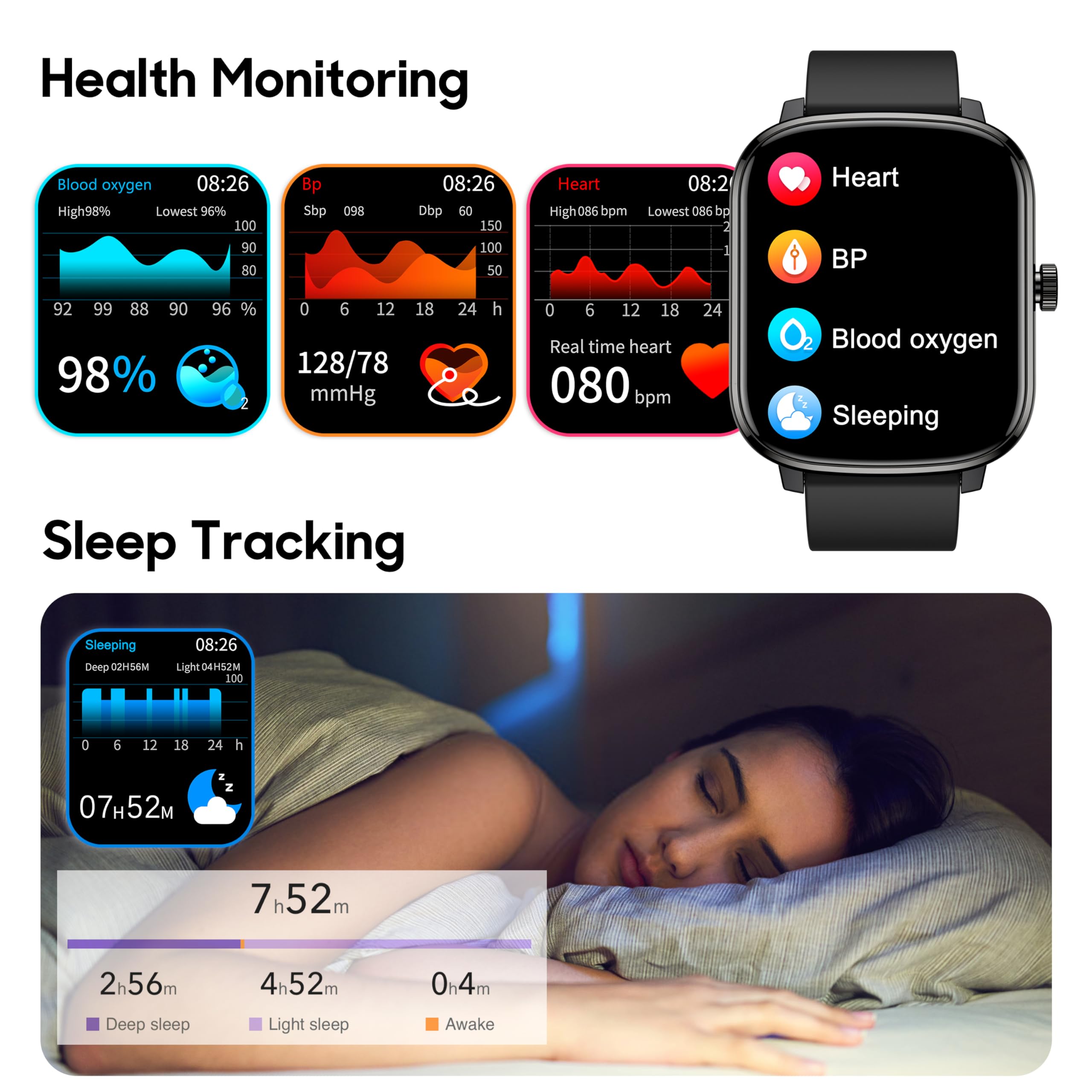 Kalinco Smart Watch For Men, 1.69 Fitness Tracker With Heart Rate, Blood Pressure, Blood Oxygen Tracking, Smartwatch With 100+ S