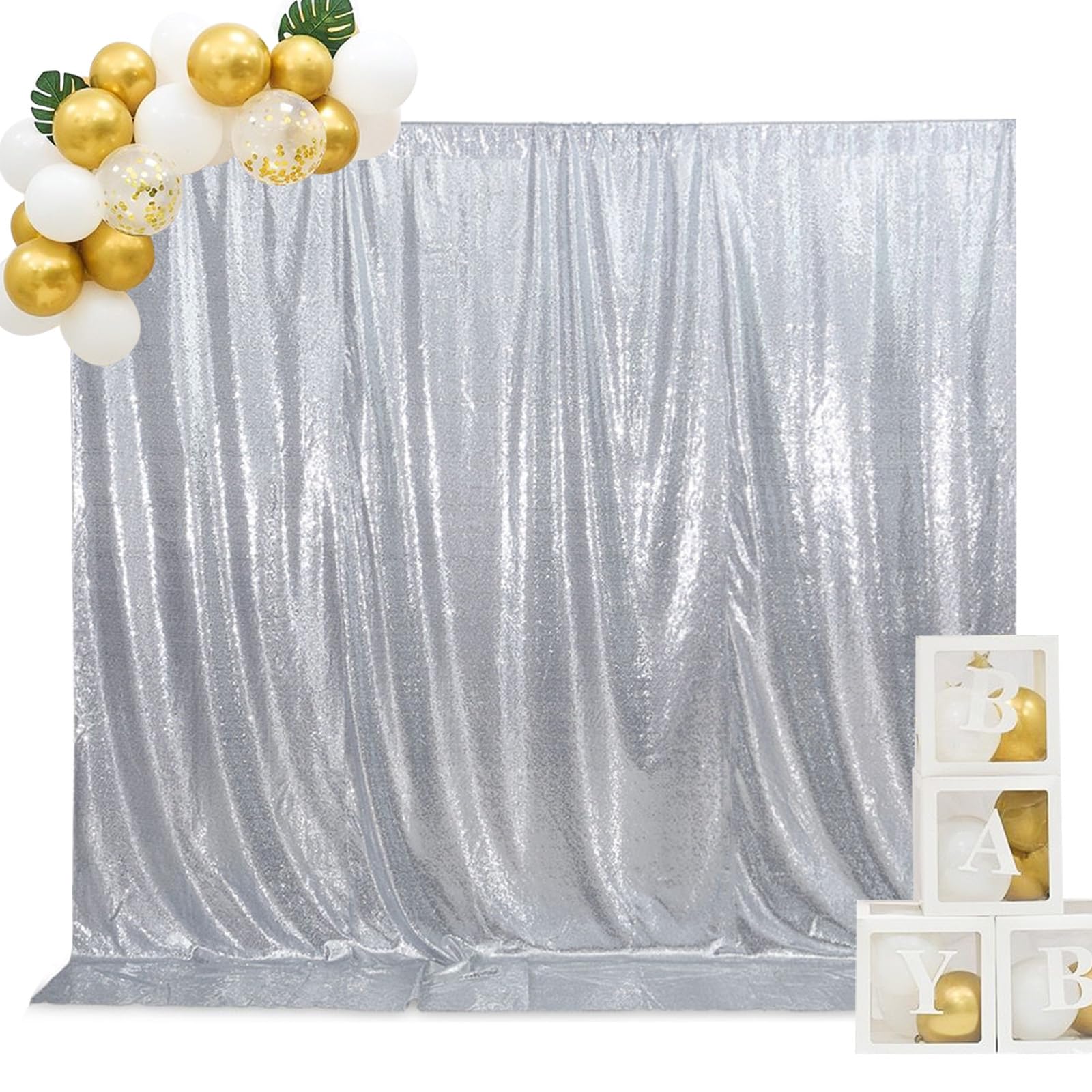 Squarepie Sequin Backdrop Curtain Background Opaque Non Transparent Satin Sparkly For Wedding Party 10Ft X 10Ft Silver