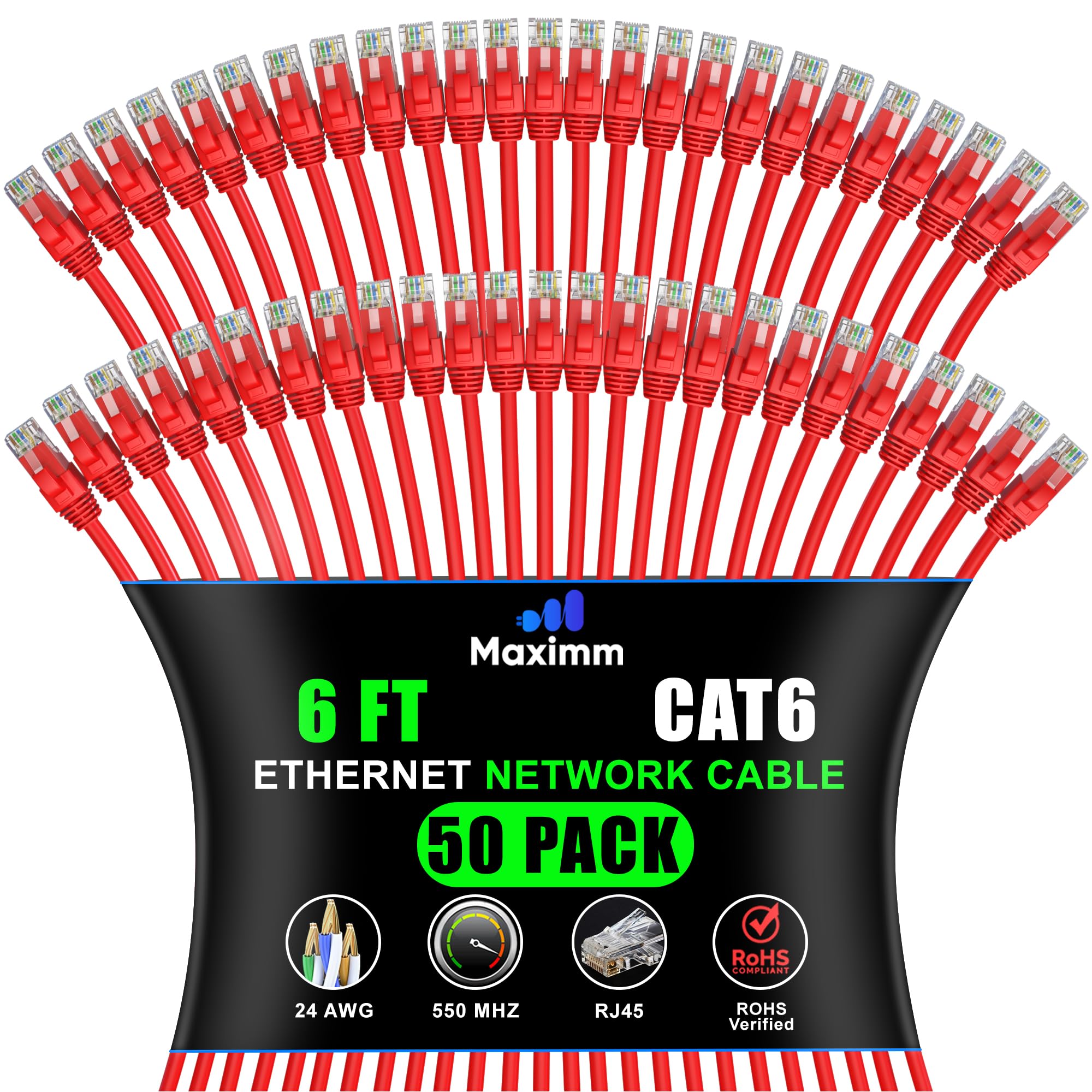 Maximm Cat 6 Ethernet Cable 6 Ft, (50-Pack) Cat6 Cable, LAN Internet and Network - UTP (Red) 6 Feet