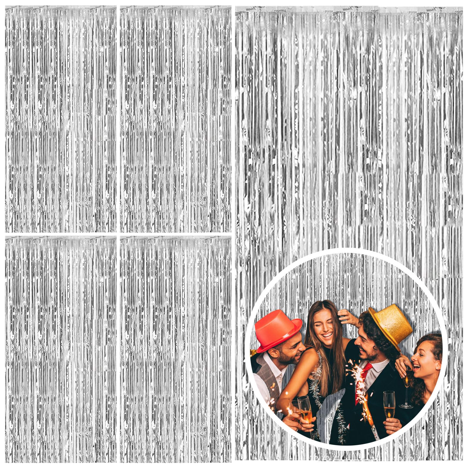 5 Pack Silver Backdrop Curtain Party Decorations Foil Fringe Backdrop Silver Tinsel Streamers Birthday Bachelorette New Year Chr