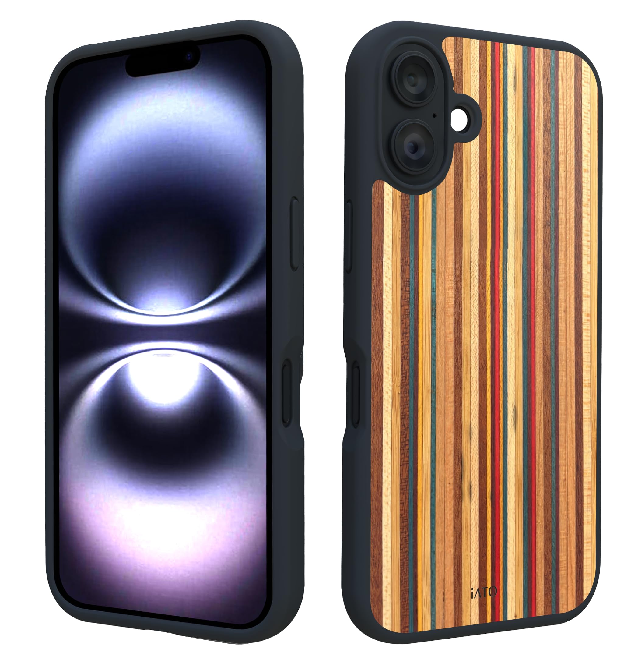 iATO iPhone 16 Plus Case MagSafe, Real Colorful Skateboard Wood (6.7-inch) - Slim Protective TPU, Strong Magnet Ring, Raised Scr