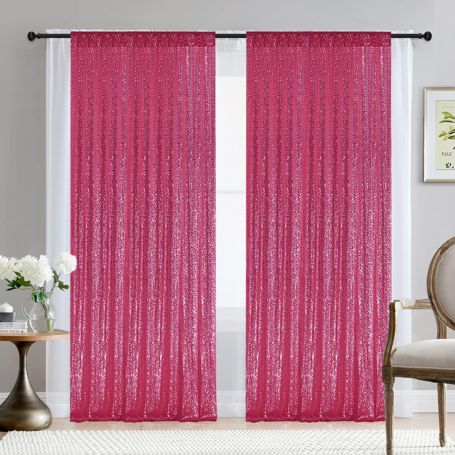 2  8Ft 2Pcs Hot Pink Sequin Backdrop Curtains Panels, Fuchsia Photography Backdrop Glitter Curtains Fabric Background For Christ