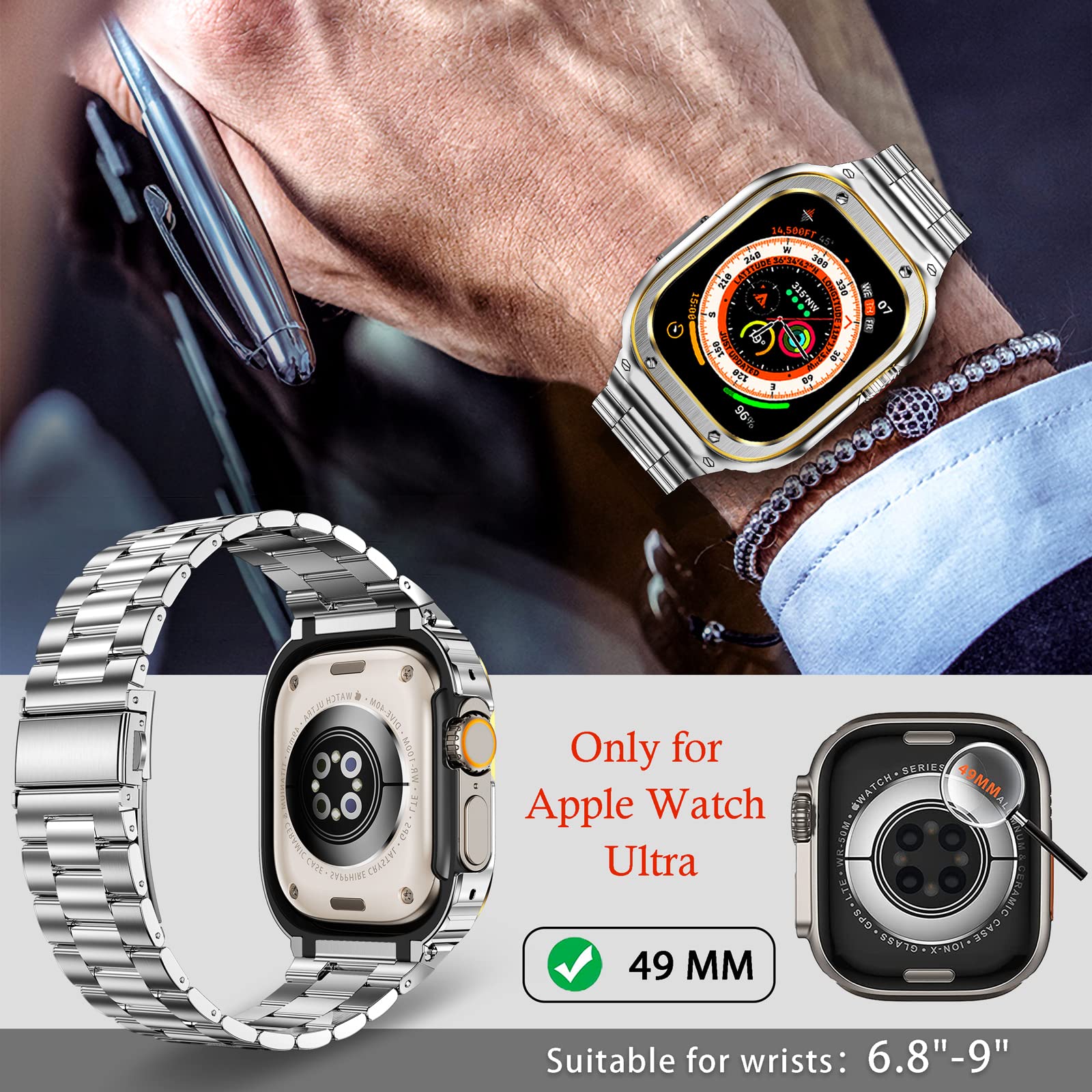 Miohhr Stainless Steel Band And Case Compatible With Apple Watch Band 49Mm, Men Metal Protective Bumper Cover For Iwatch Ultra 2