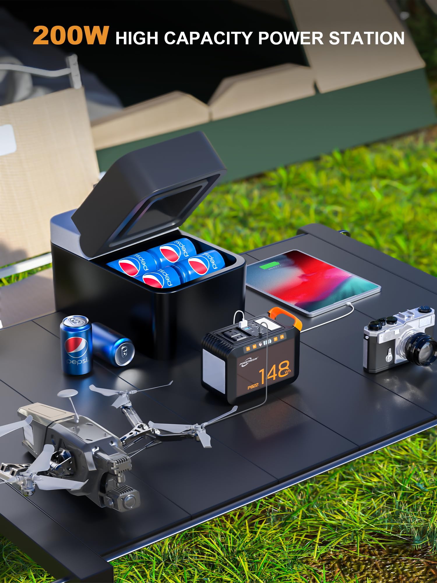 Powstream-200W-Portable-Power-Station-Outdoor-Emergency - 148Wh Camping Solar Generator Laptop With Ac Outlet 110V Dc, Usb Qc3.0