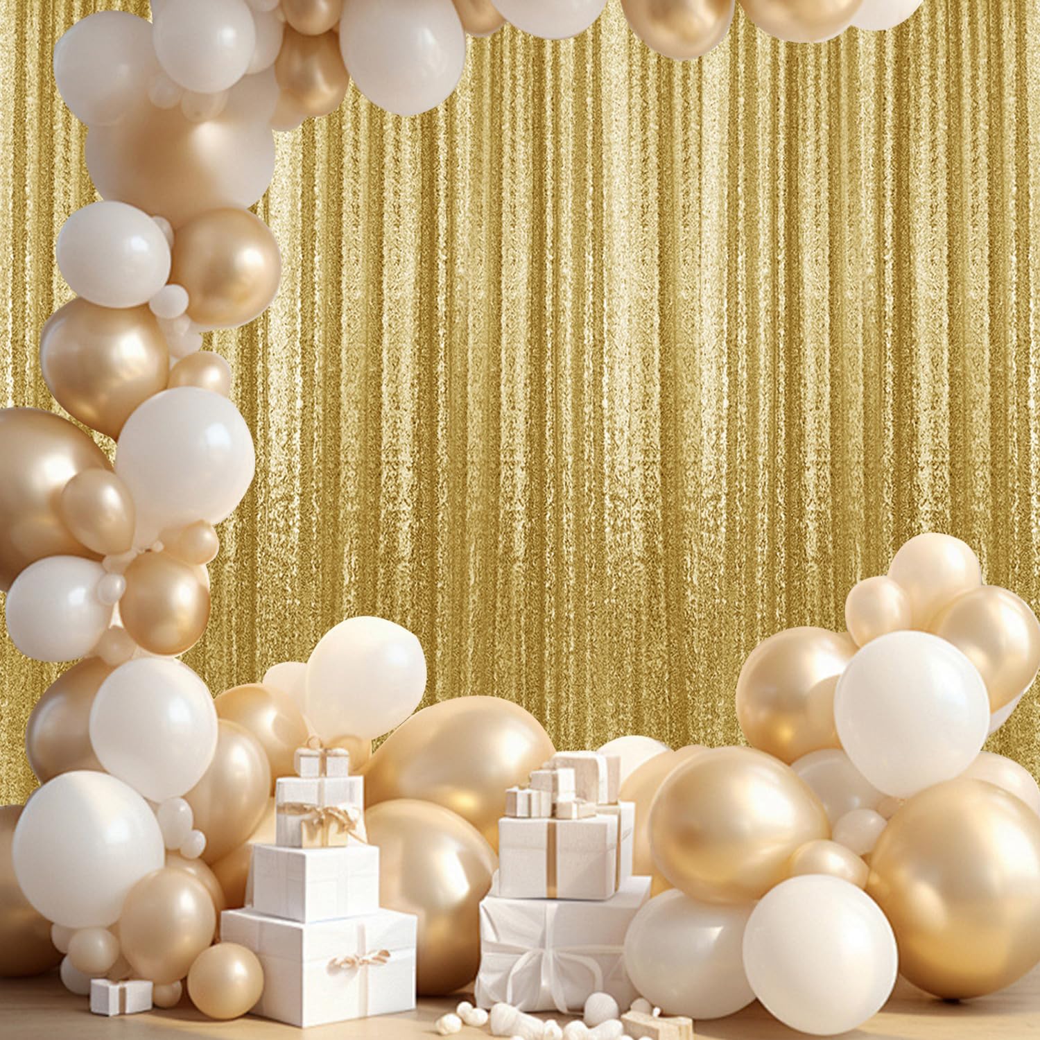 2  8Ft 4Pcs Gold Sequin Backdrop Curtains Panels, Photography Backdrop Glitter Curtains Fabric Background For Christmas Wedding