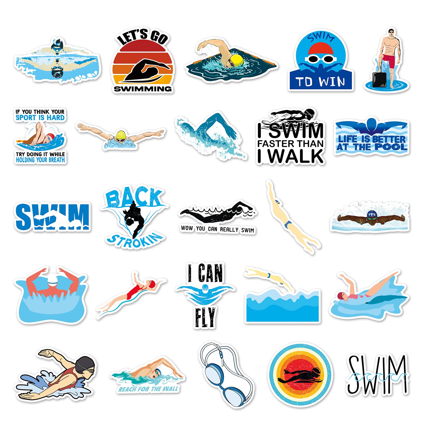 100 Pcs Swimming Stickers, Vinyl Waterproof Swimming Stickers For Water Bottles, Laptop, Notebook, Scrapbook, Luggage, Cell Phon