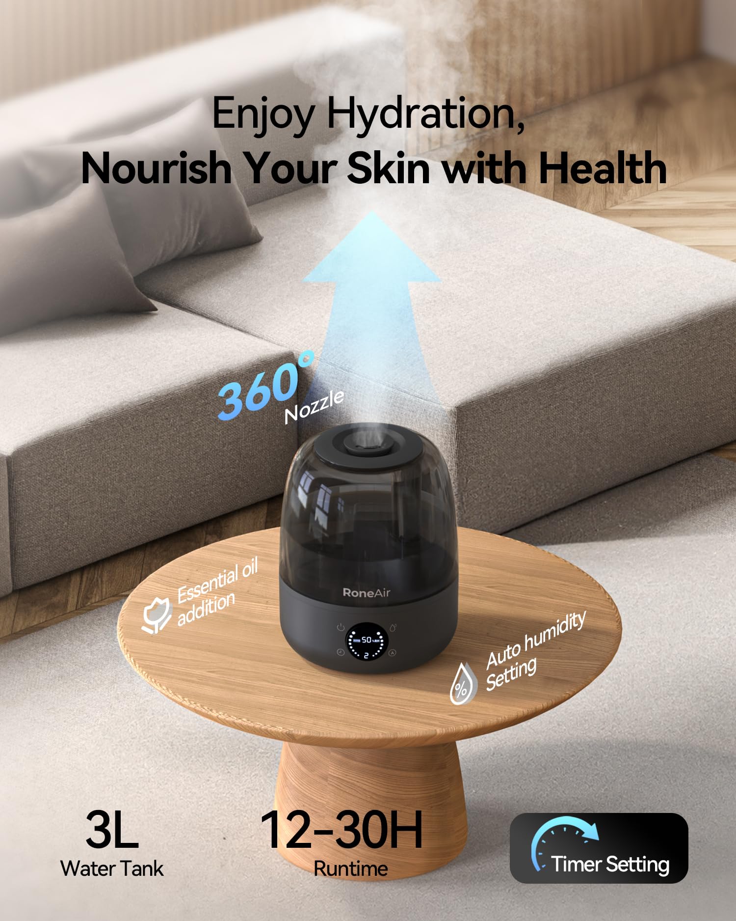 Roneair Humidifiers For Bedroom Large Room Home, 3L Cool Mist Humidifiers For Baby Nursery & Plants, Ultrasonic, Oil Diffuser, T