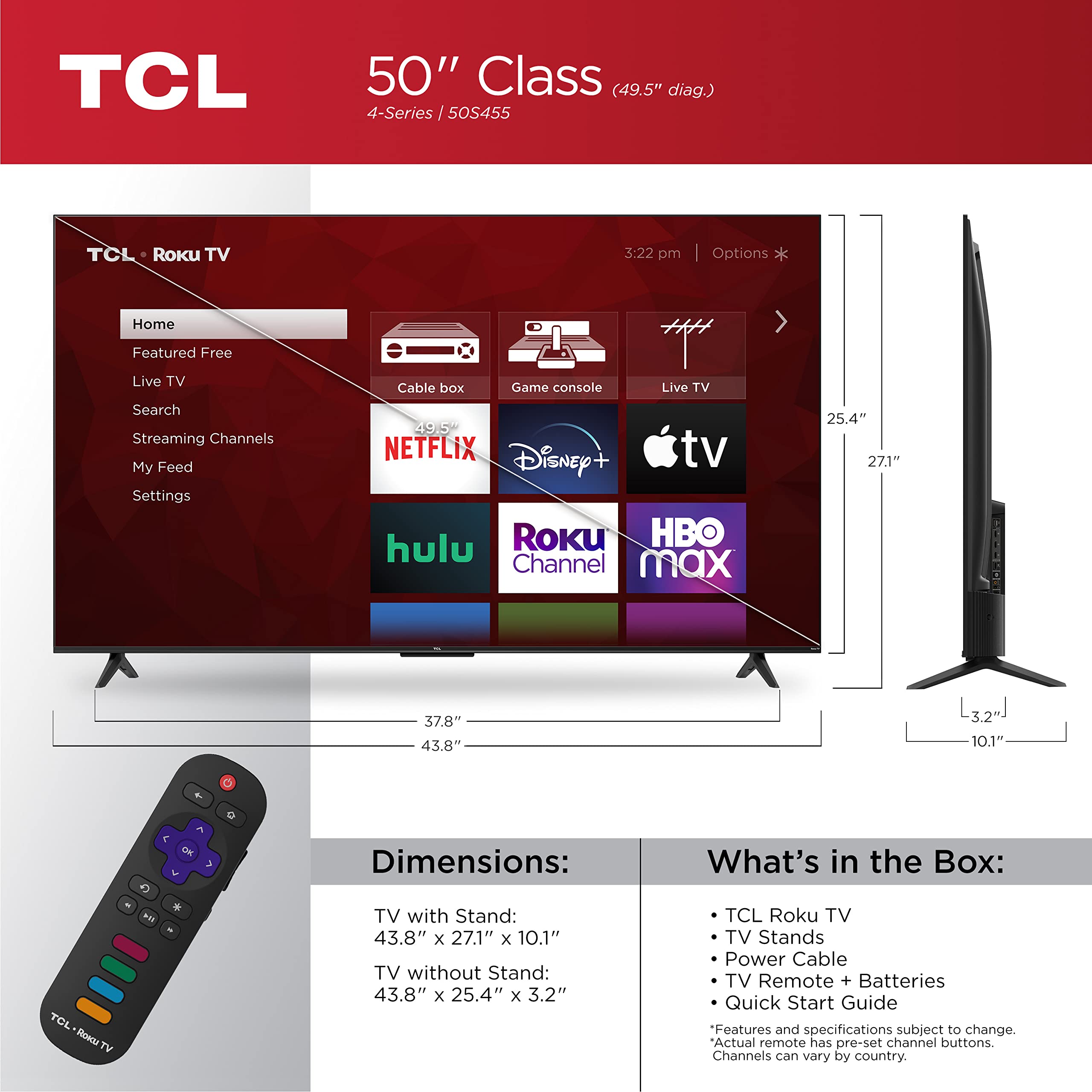 Tcl 50'' Class 4 Series 4K Uhd Hdr Smart Roku Tv   50S455 2022, Black