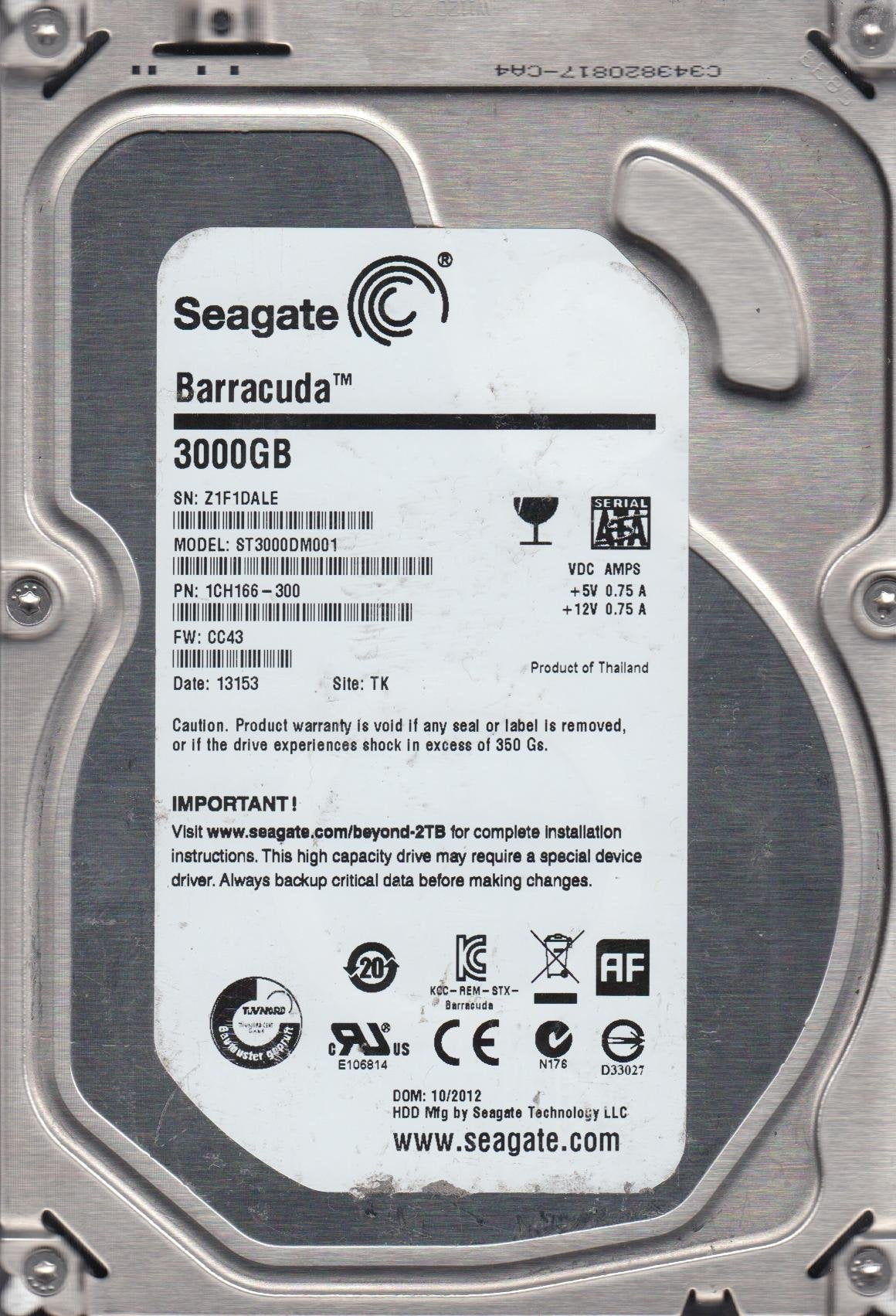 Seagate Barracuda 3TB 7200rpm SATA III Internal Hard Drive (ST3000DM001)