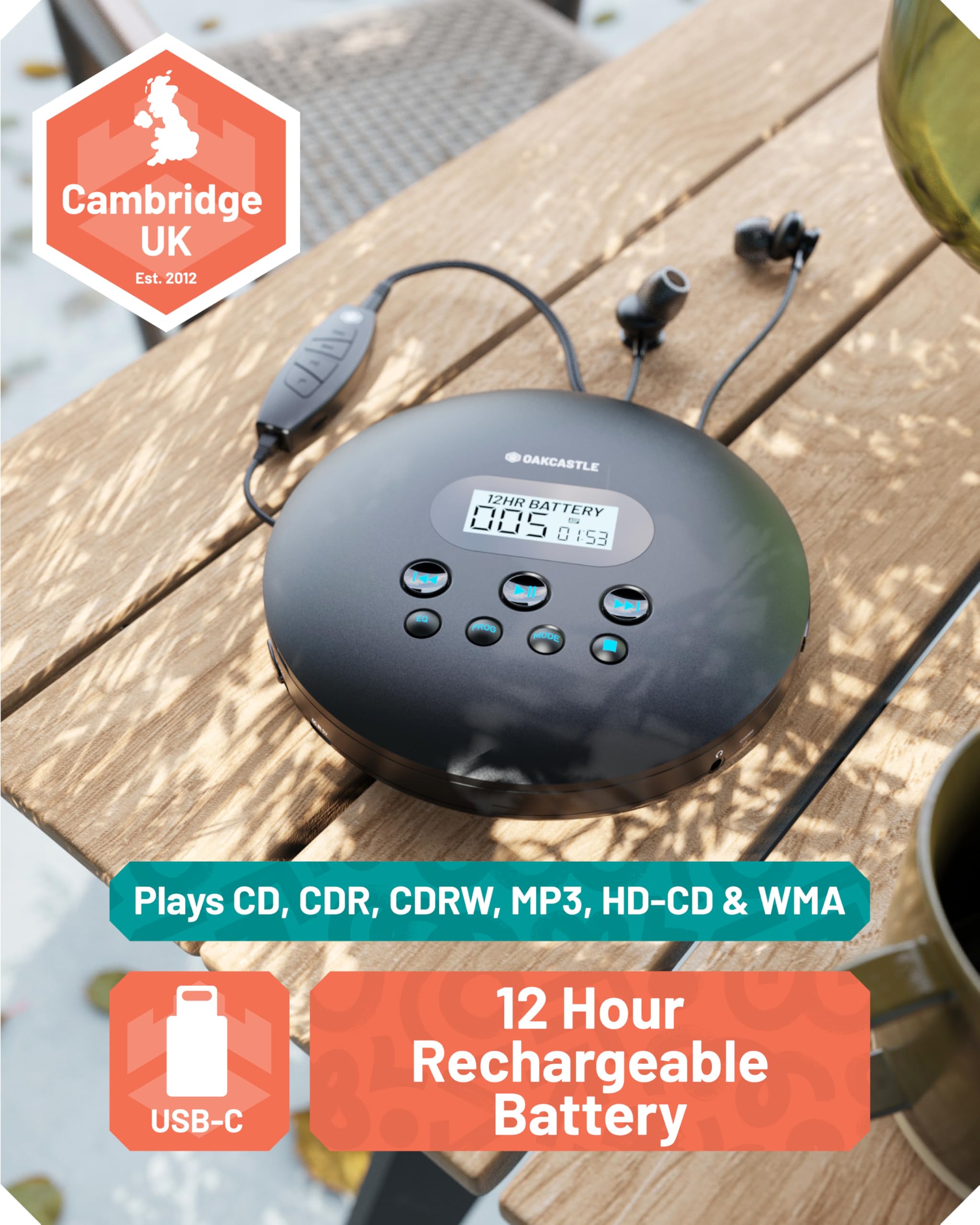 Cd Player Portable, Rechargeable Portable Cd Player With Bluetooth, 12Hr Playtime, Small Cd Players For Car (Aux Only) | Oakcast