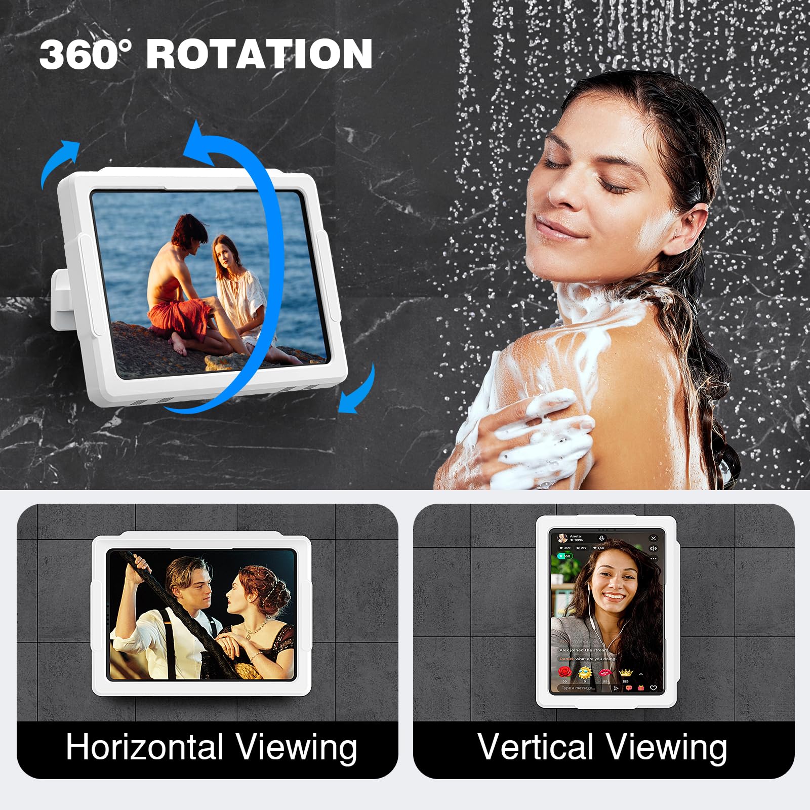 MoKo Shower Tablet Holder, Stretchable Waterproof iPad Holder Fit All Devices Up to 11', 360� Rotation Tablet Wall Mount Holder with Anti Fog Touchable Screen, 2 Placement Modes, for Bathroom Kitchen