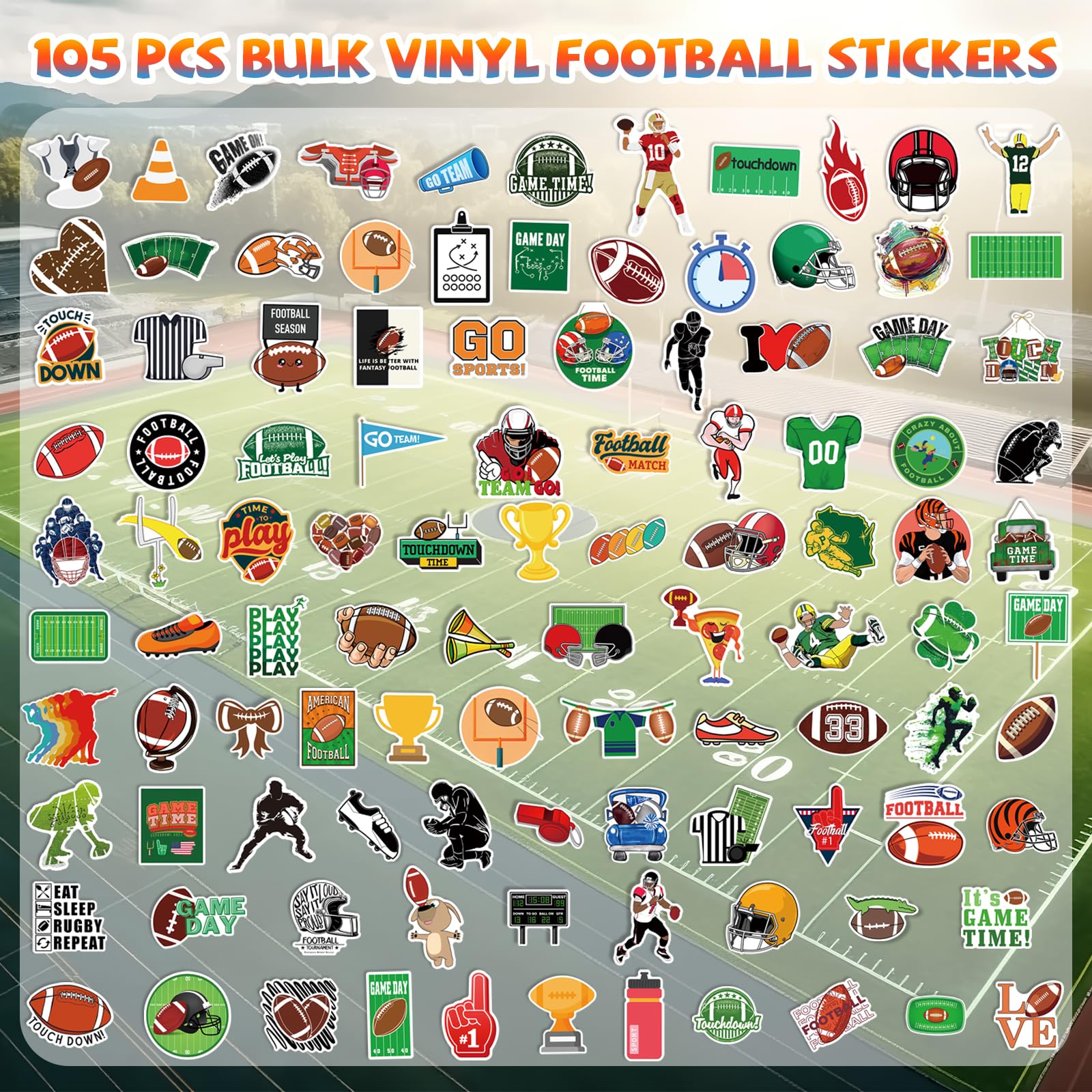 Xzentira 105 Pcs Football Stickers Water Bottle Football Stickers Bulk Vinyl American Football Stickers For Laptop Skateboard Fo