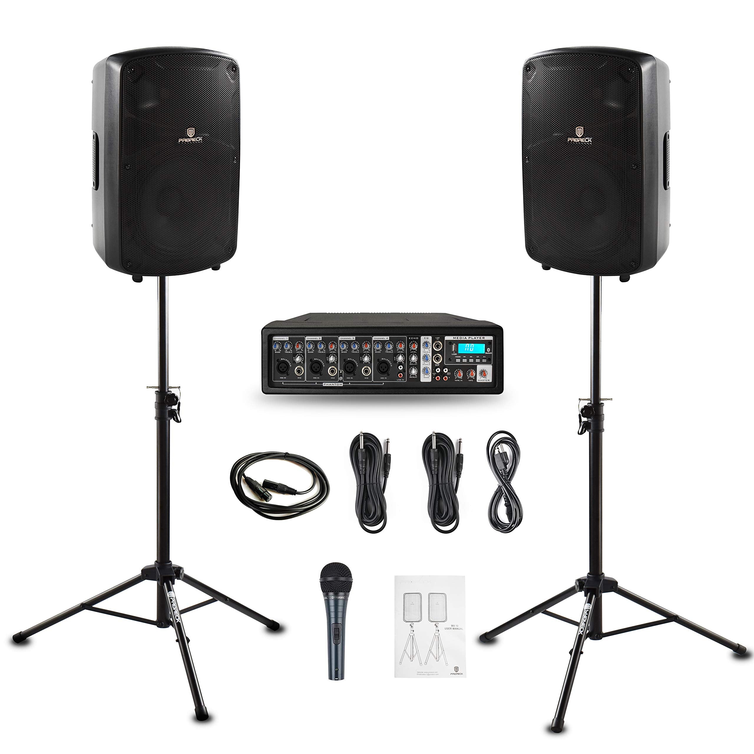 Proreck Mx10 1600W 6 Channel Powered Bluetooth Mixer With 10Inch Passive Speakers Pa System Mixer/Amp/Stands/Mic