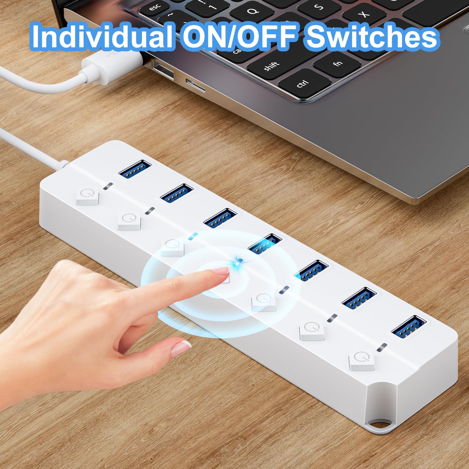 Onfinio Usb Hub 3.0, 7 Port Usb Hub Splitter With Individual On/Off Switches And Lights, 3.2Ft/1M Long Cable Compatible With Macbook, Laptop, Surface Pro, Ps4, Pc, Flash Drive, Mobile Hdd White