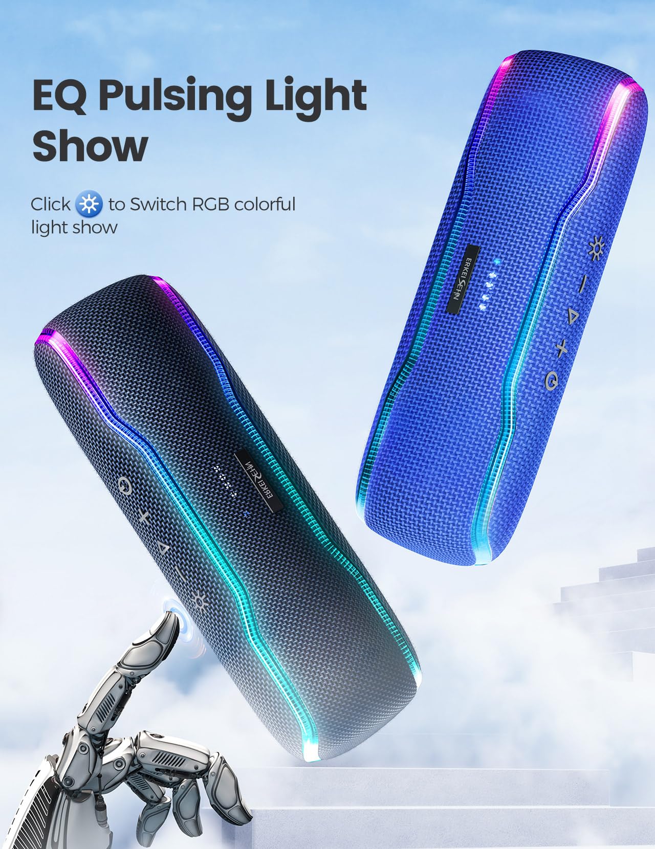 Erkeisehn Bluetooth Speaker, Ipx7 Waterproof Wireless Speakers, Flashing Light, 25W Super Bass, 24H Playtime, Stocking Stuffers