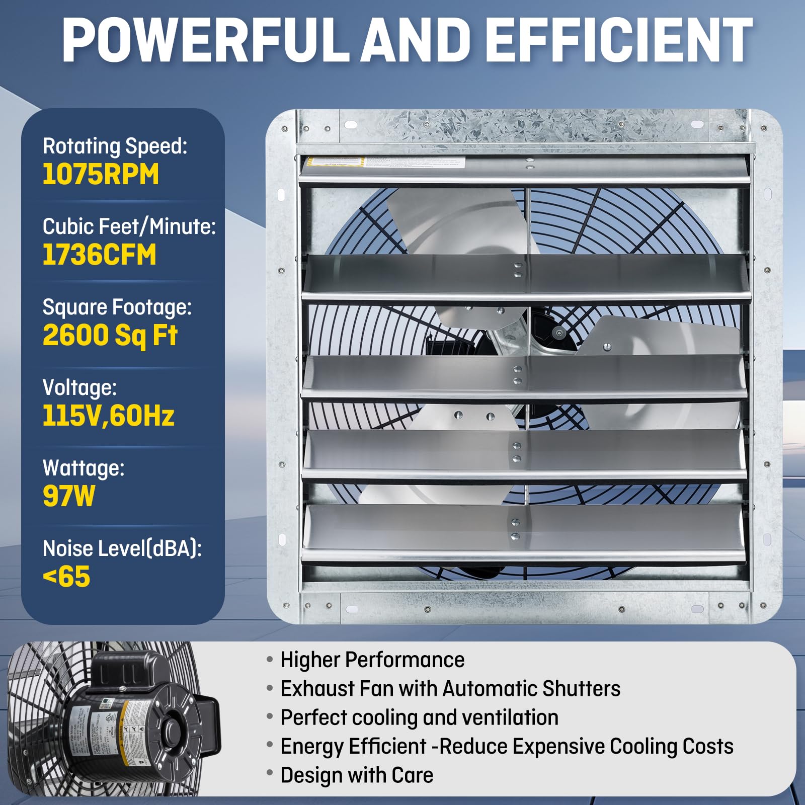 Iliving 18'' Wall Mounted Shutter Exhaust Fan, Automatic Shutter, With Thermostat And Variable Speed Controller, 0.85A, 1736 Cfm