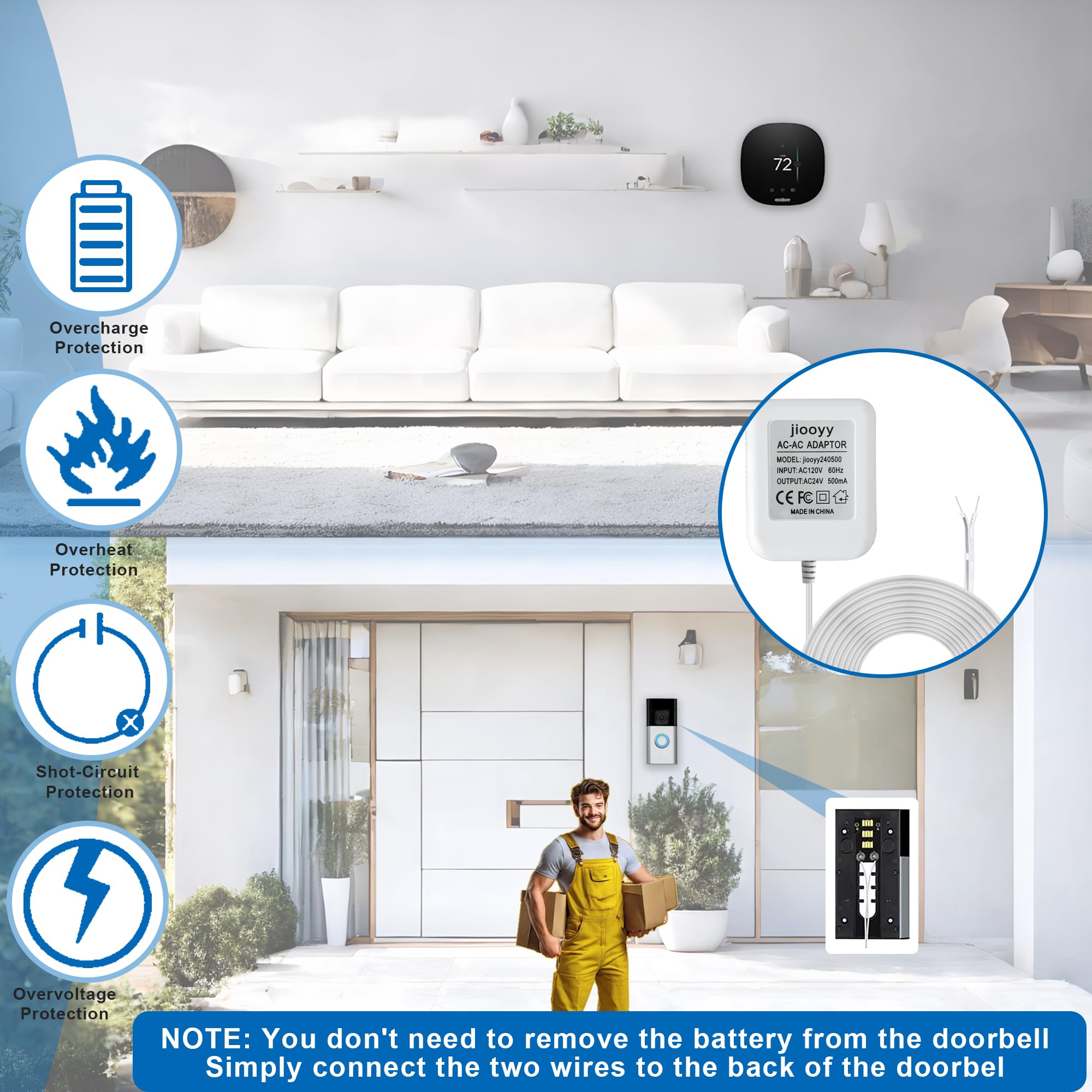 Jiooyy 24V 500Ma Doorbell Power Adapter   16.4Ft Long C Wire Power Supply, Doorbell Transformer Fits Ring, Nest Hello, Wyze, Euf
