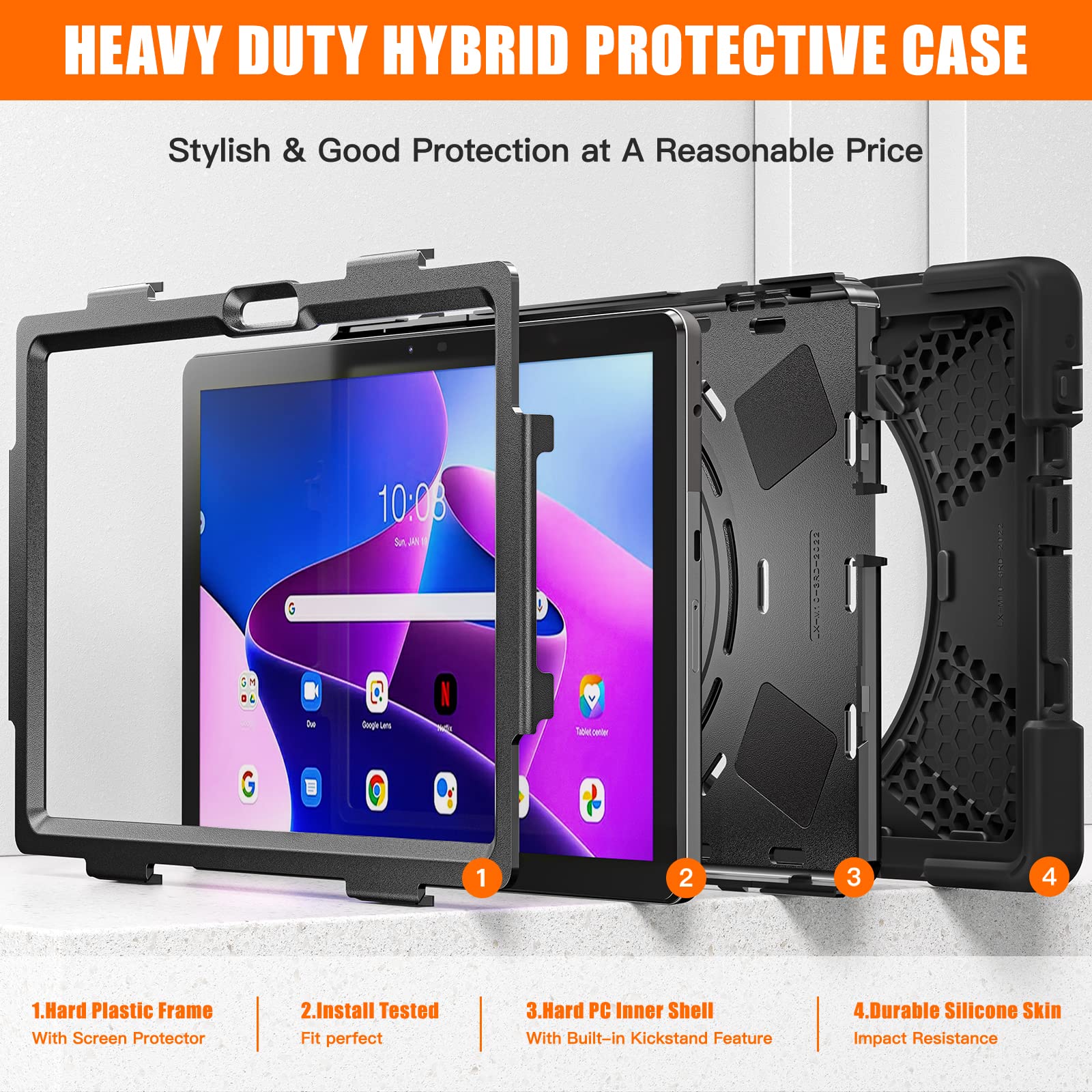 Junfire Shockproof Case For Lenovo Tab M10 3Rd Gen 10.1 Inch 2022, Lenovo Tab M10 3Rd Gen Heavy Duty Rugged Case With Hand Strap