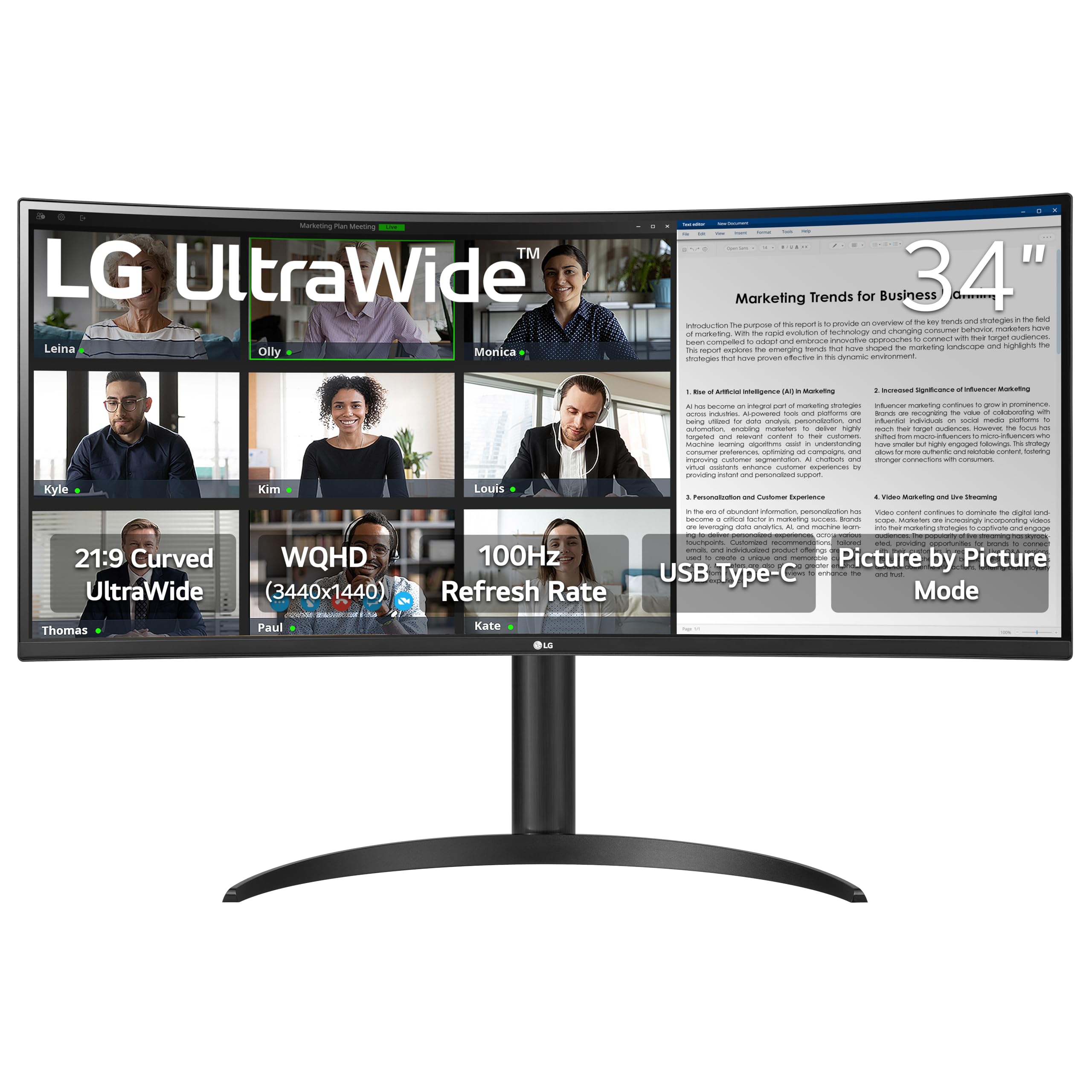 LG 34WR55QK-B 34-inch UltraWide WQHD (3440 x 1440) Curved Computer Monitor, 100Hz, 5ms, HDR10, Reader Mode, HDMI, DisplayPort, U