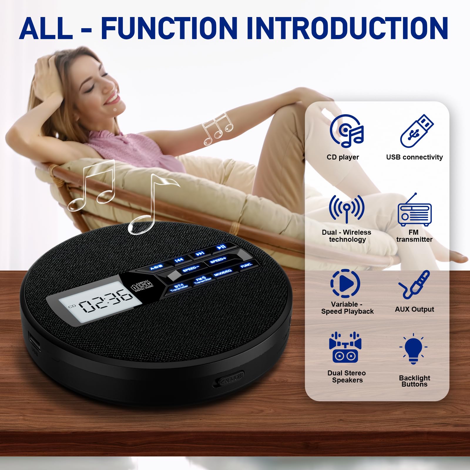 M-Amazup Cd Player Portable, Rechargeable Portable Cd Player With Dual Speakers And Anti Skip,Cd,Dual Bluetooth,Fm Transmission,