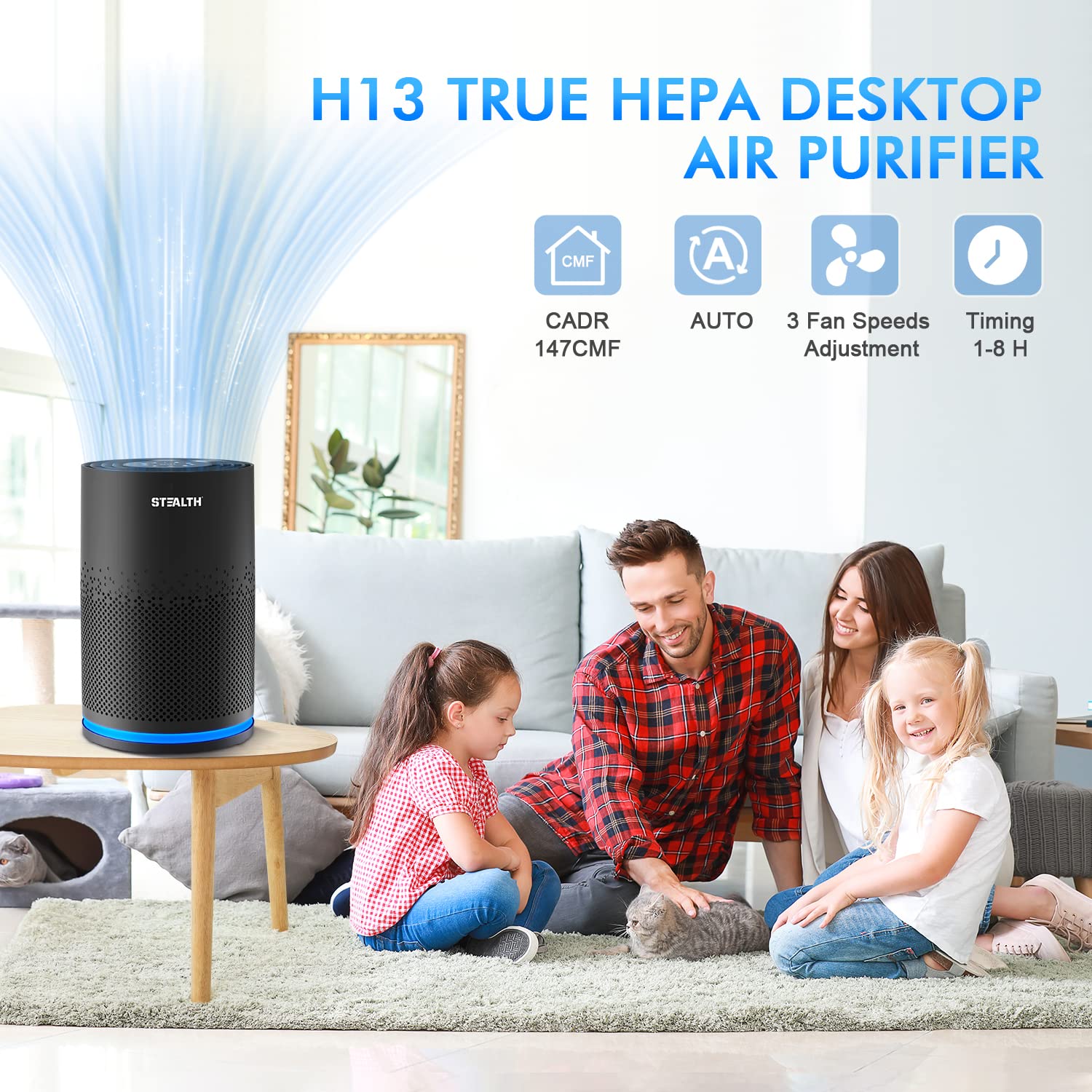 Stealth Air Purifier For Home, H13 True Hepa Filter Cleaner With Filter, Pm2.5 Monitor, Covers Up To 1450 Ft, Captures 99.97% Of