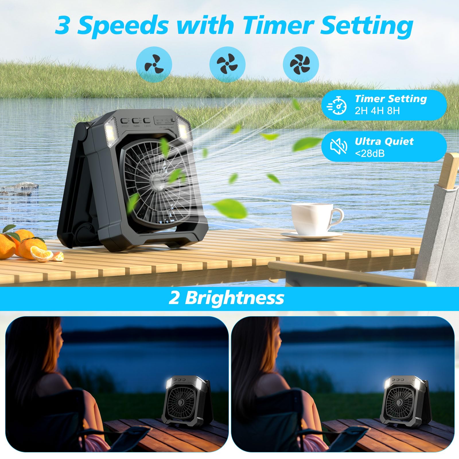 Camping Fan Battery Powered & Solar Powered, Portable Solar Fan 10000Mah Rechargeable Outdoor Fans With Light, Quiet Cordless Fa