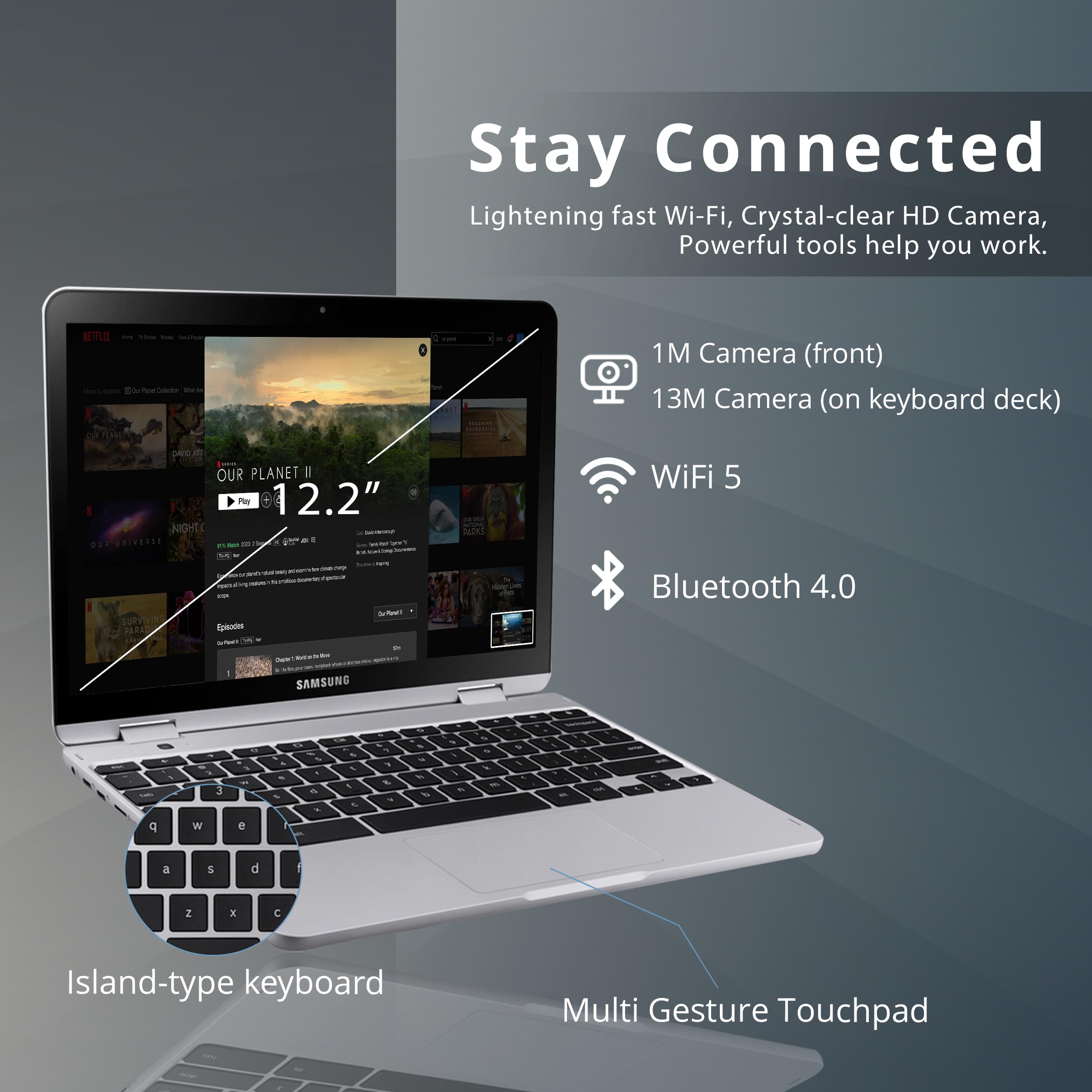 Samsung Plus V2 2 In 1 12.2'' Touchscreen Chromebook Laptop, Intel Celeron 3965Y, 4Gb Ram, 64Gb Emmc, 1M Front Camera, Wi Fi, Bl