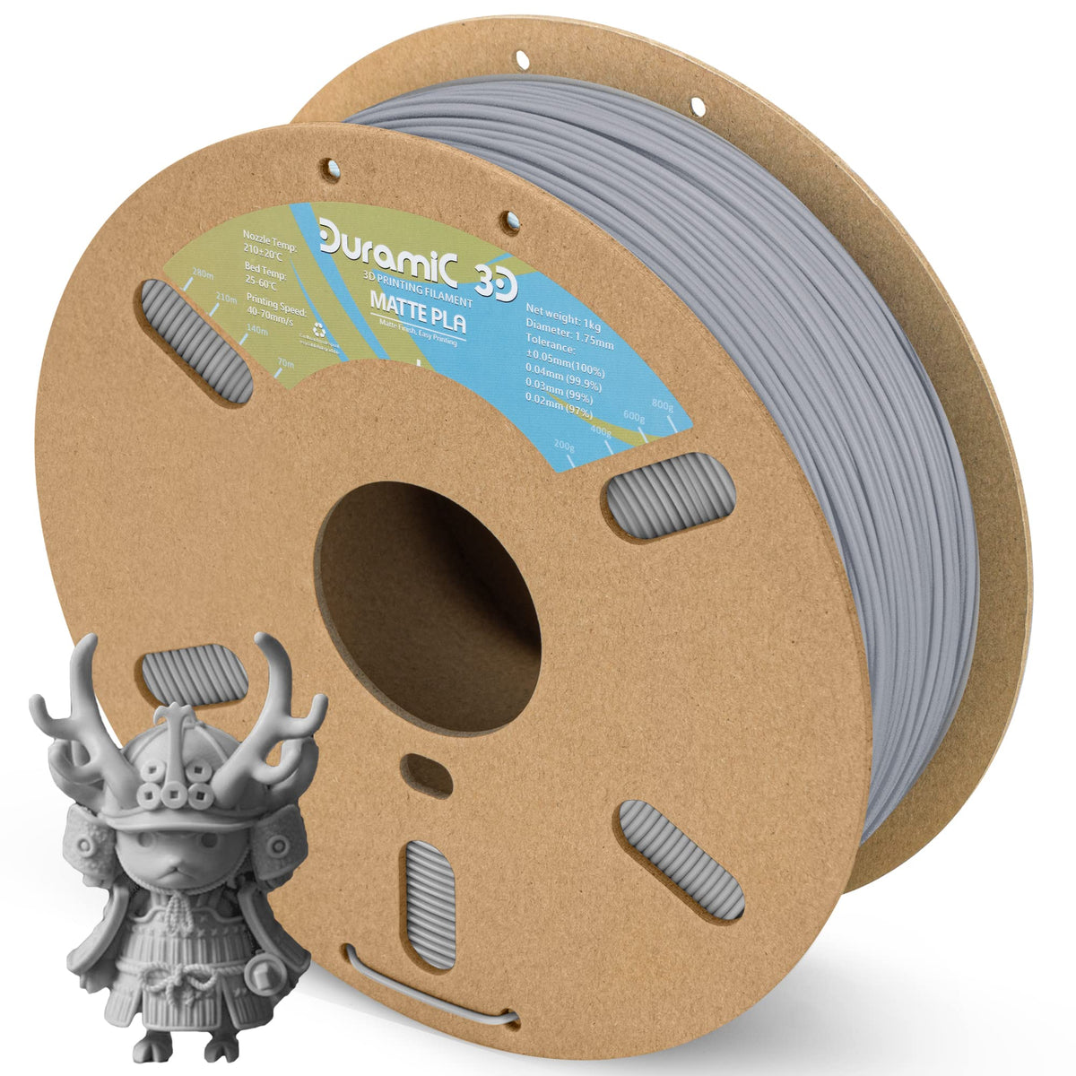 Duramic 3D Matte Pla Filament 1.75Mm Gray, 1Kg Cardboard Spool Matte Finish 3D Printer Filament Pla 1.75Mm Dimensional Accuracy