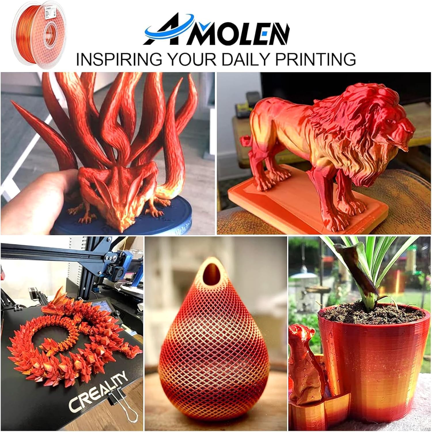 Amolen Silk Pla Gradient 3D Printing Filament, 1Kg Spool 1.75Mm Silk Shiny Red Gold Gradient Printer Filament 2.2Lb Brighter New