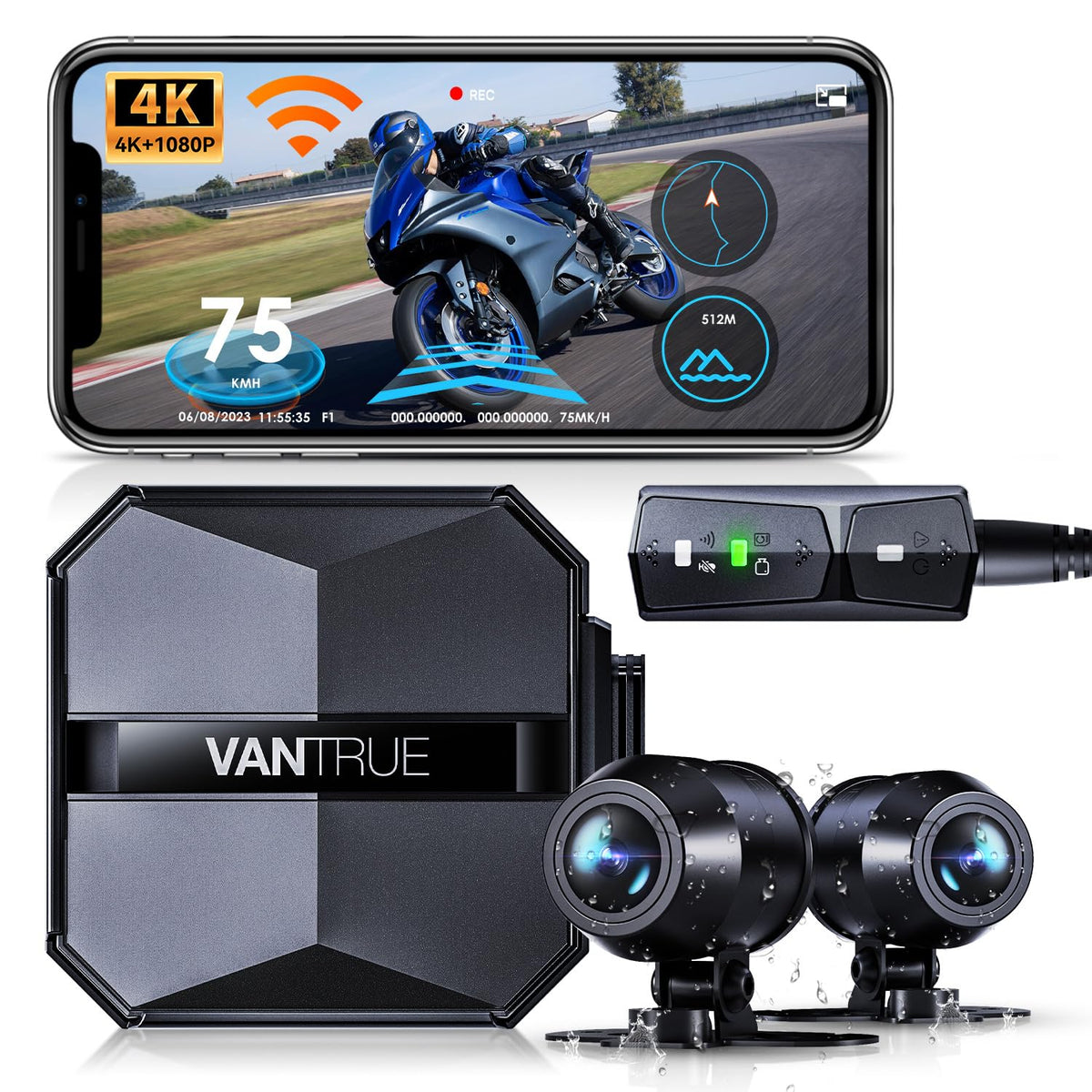 Vantrue F1 Motorcycle 4K Front And Rear Dash Cam, 4K + 1080P Motorcycle Camera, Gps, Full Body Waterproof, Wi-Fi, 160Wide Angle,