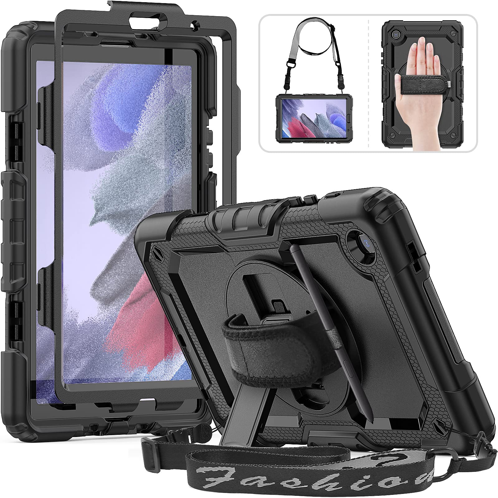 Hxcaseac Shockproof Case For Samsung Galaxy Tab A7 Lite With Screen Protector / 360 Rotating Hand Strap/Built In Stand/Protectiv