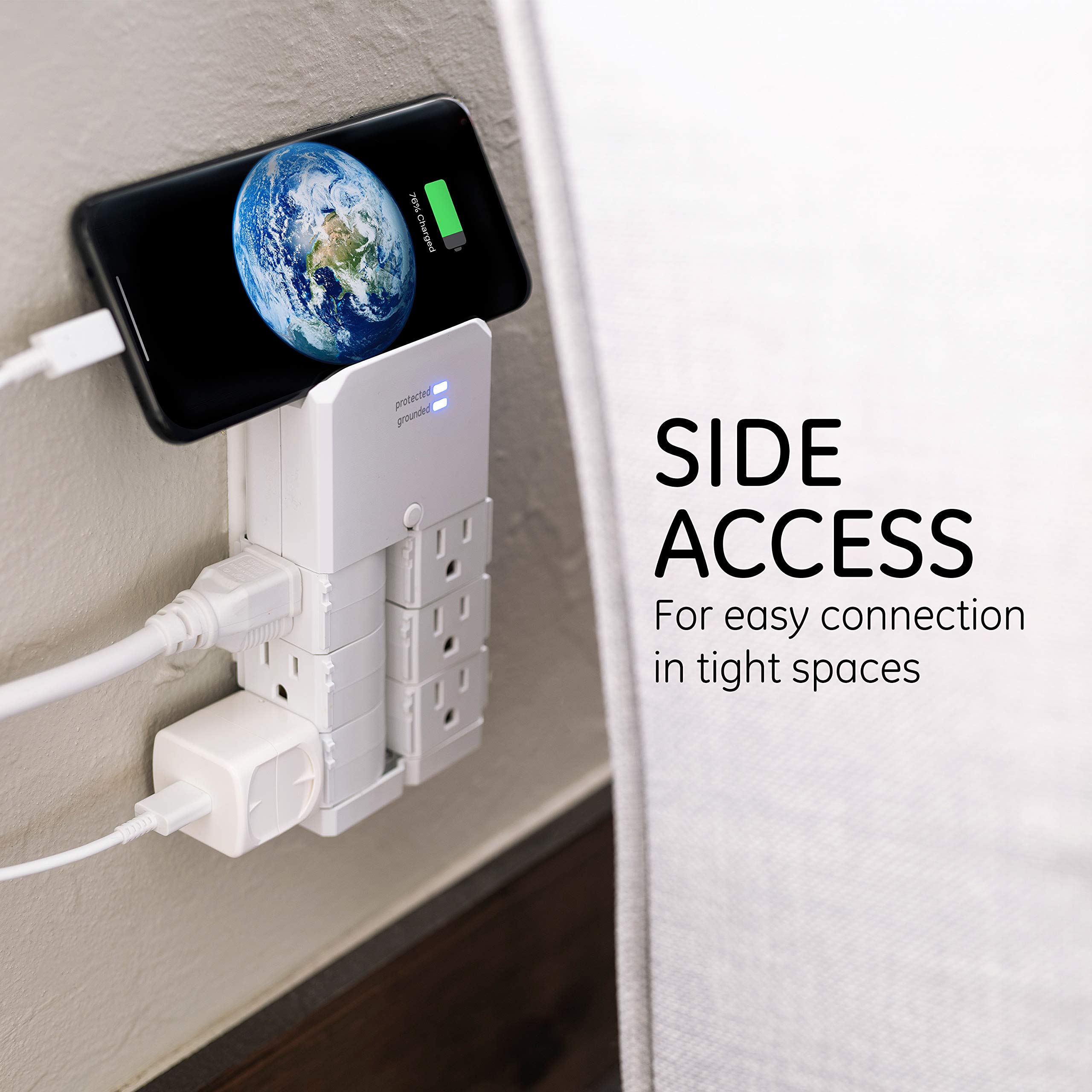 Ge Pro 6 Outlet Extender Surge Protector With Swivel Outlets, Wall Tap Adapter, 90 Degree Rotation, 1080 Joules, Warranty, Ul Li