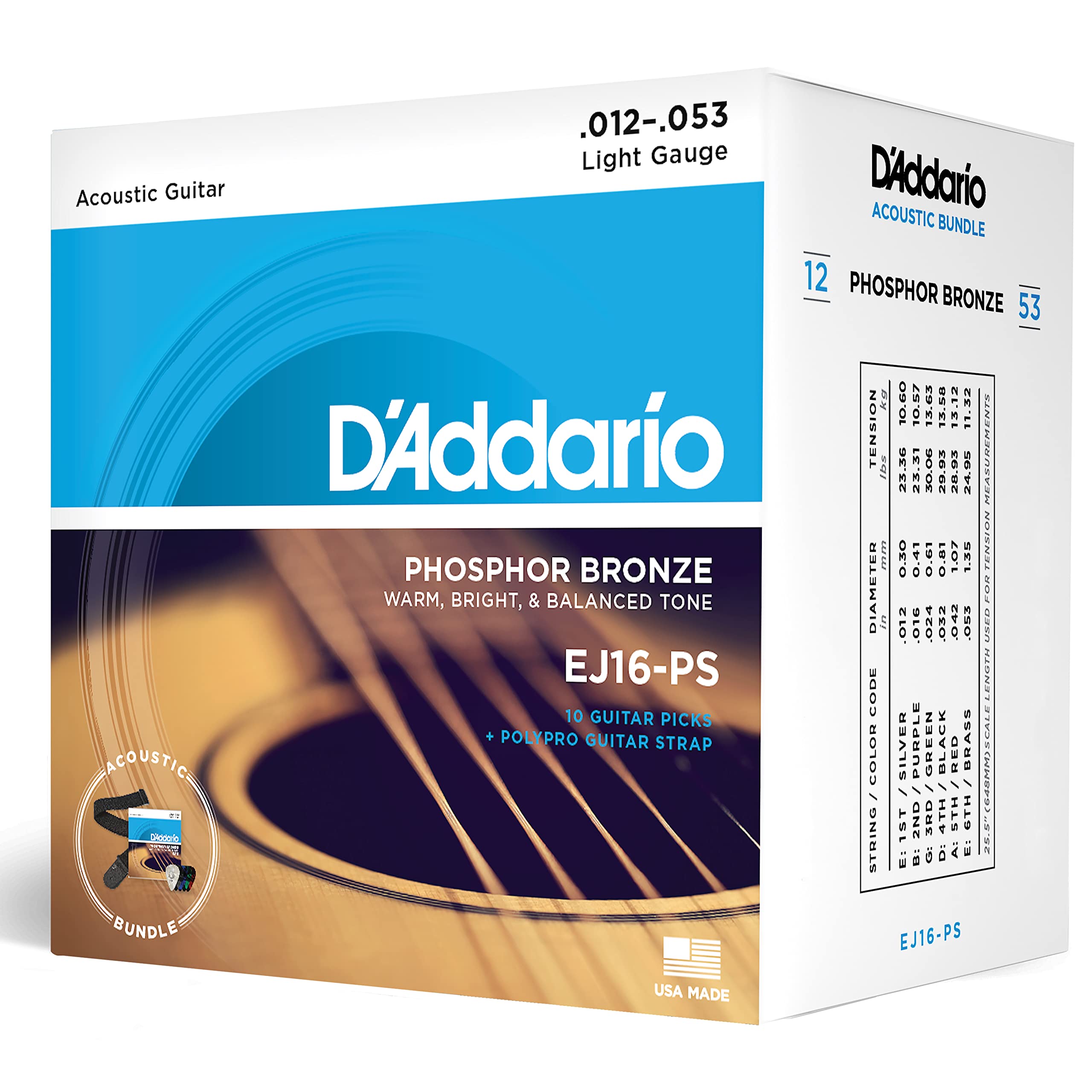 D'Addario Acoustic Guitar Strings, Picks, Strap Beginner Kit   Ej16 Phosphor Bronze Acoustic Strings, 12 53 Light   Poly Pro Bla