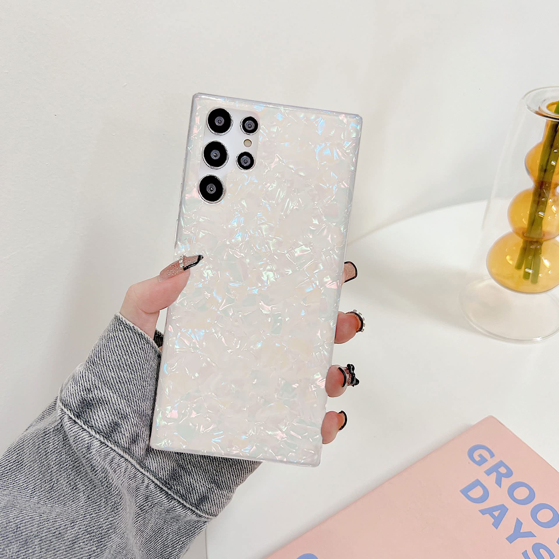 J.West Galaxy S22 Ultra Case 5G, Luxury Sparkle Glitter Translucent Clear Colorful Opal Pearly Thinfoil Design Shiny Print Soft