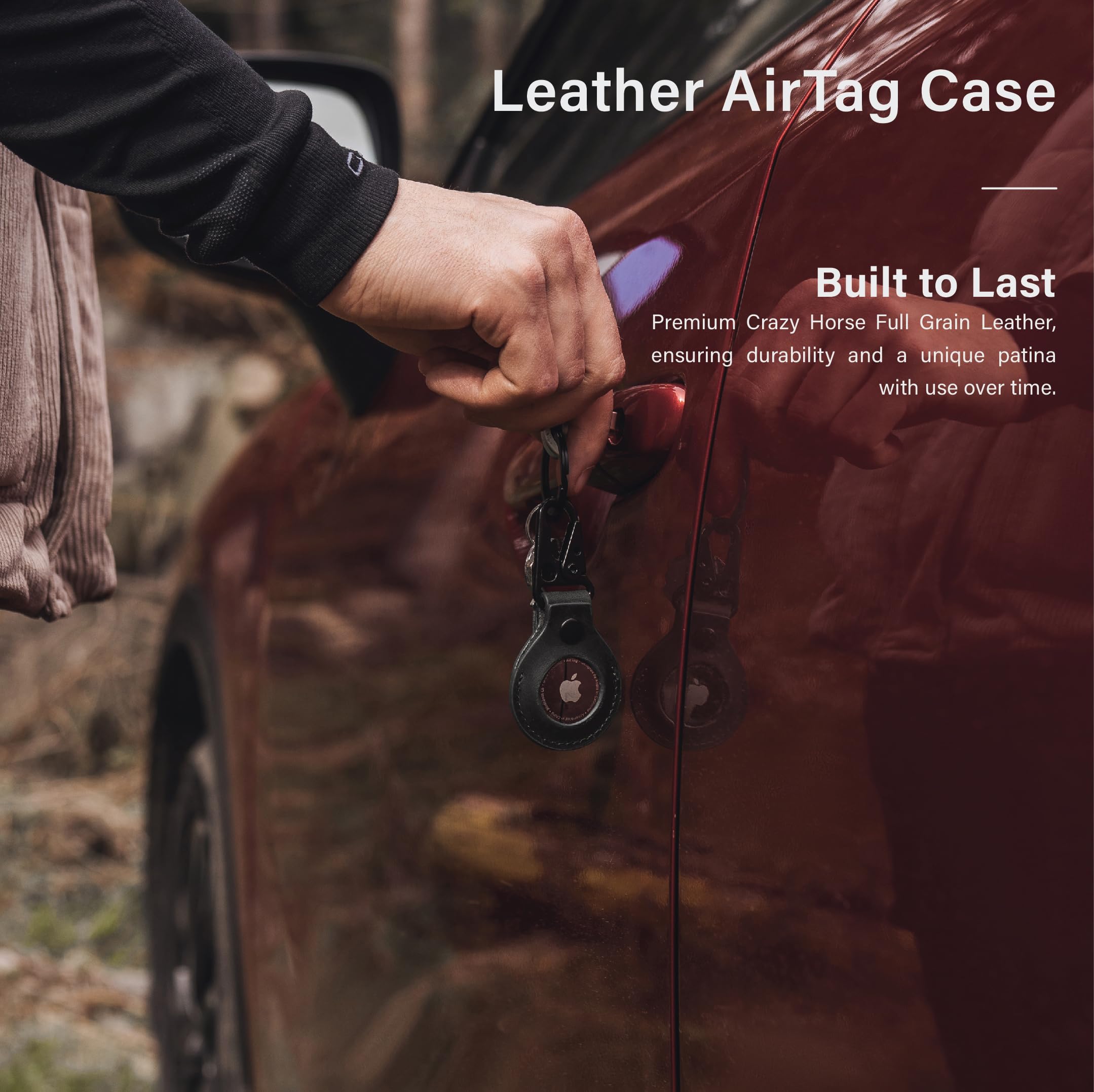 Kordiz Leather Holder Compatible With Airtag - Clasp And Key Ring Keychain - Case Air Tag Holder Full Grain Crazy Horse Leather
