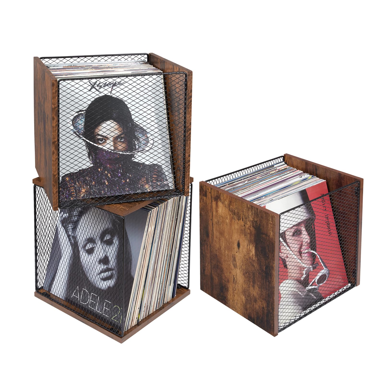 Honkazita Record Holder Shelf Vinyl Record Storage Furniture,Diy Stackable 50 100 Records Visualize Album Storage Box Cube Natur