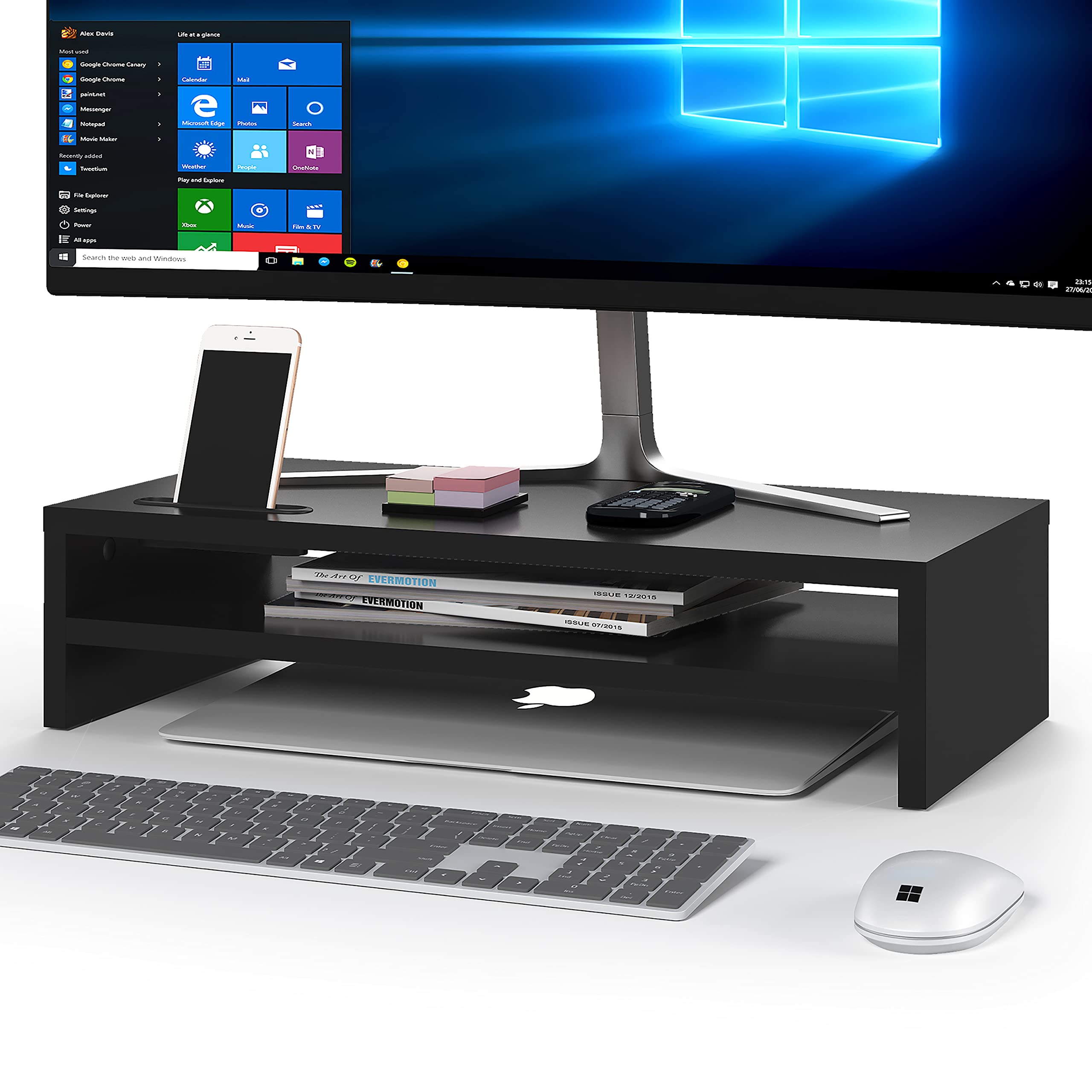 Bontec Wood Monitor Stand Riser, 2 Tiers With Storage Organizer, Desktop Ergonomic Cellphone Holder And Cable Management, 21.3 I