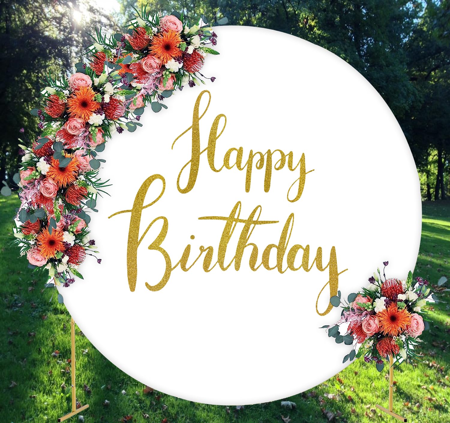 Jditngp Happy Birthday Sign Round Backdrop Cover 6.5Ft,White Circle Background Cover With 4Clips, Round Backdrop Cover Gold Happ