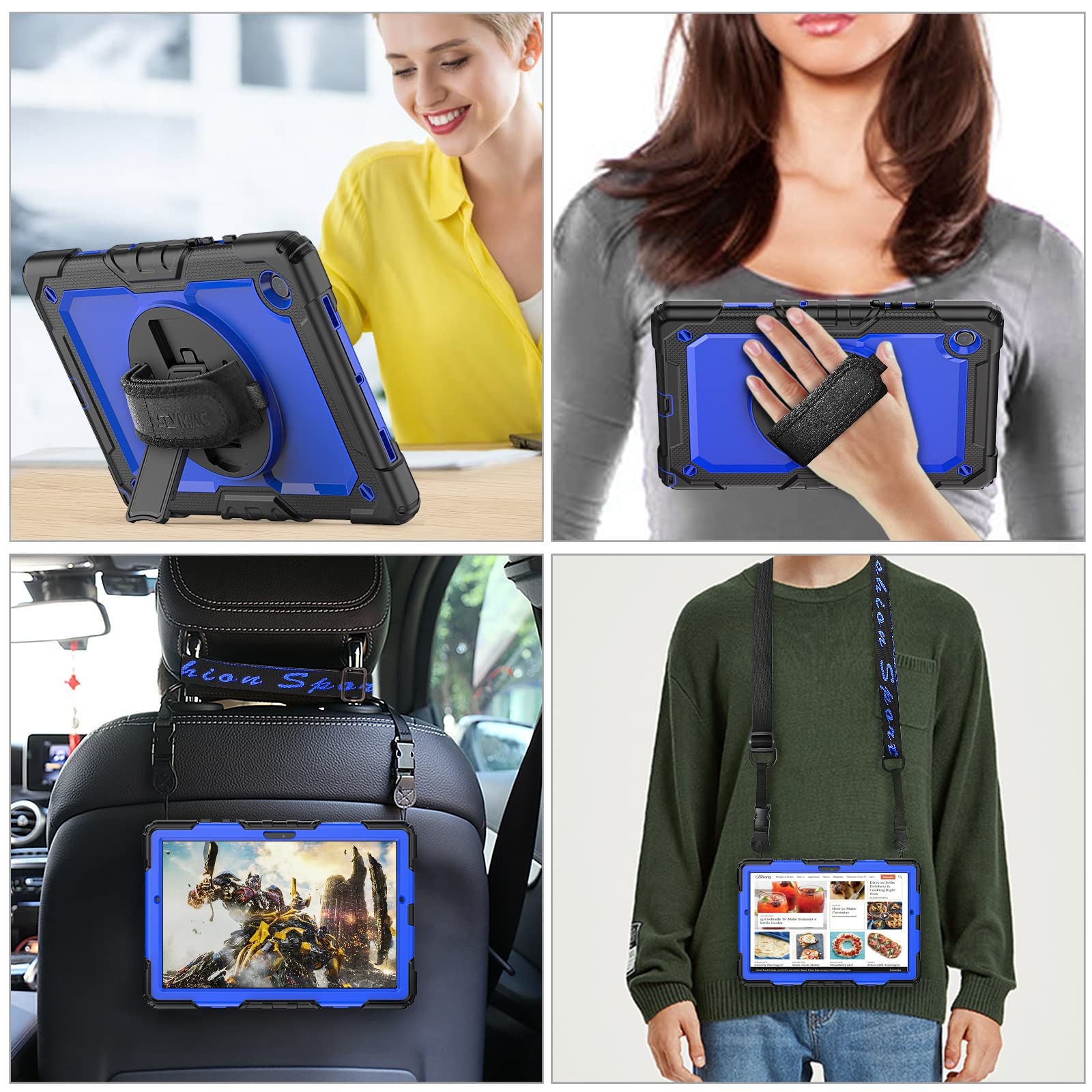 Seymac Stock 360 Hand Strap Shockproof Case For Samsung Galaxy Tab A8 10.5 Inch, Blue+Black