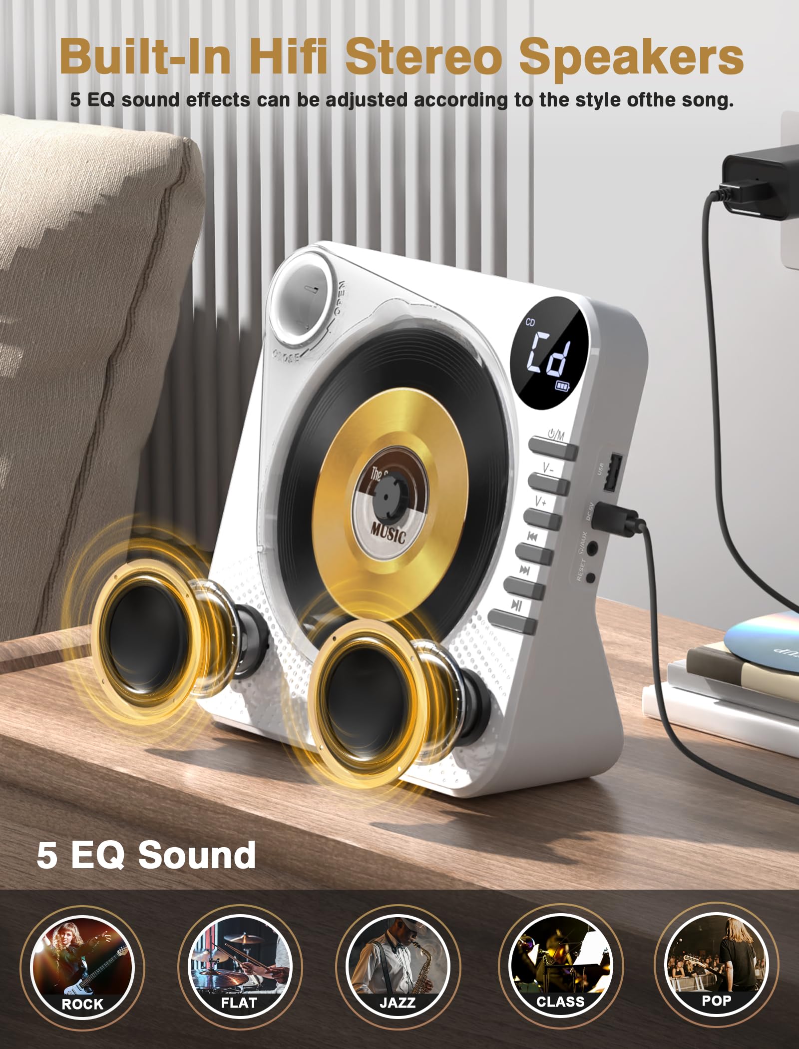 Desktop Cd Player Bluetooth With Hifi Dual Speaker, Cd Player For Home With Remote Control,Dust Cover,Lcd Display,Sleep Timer,Eq