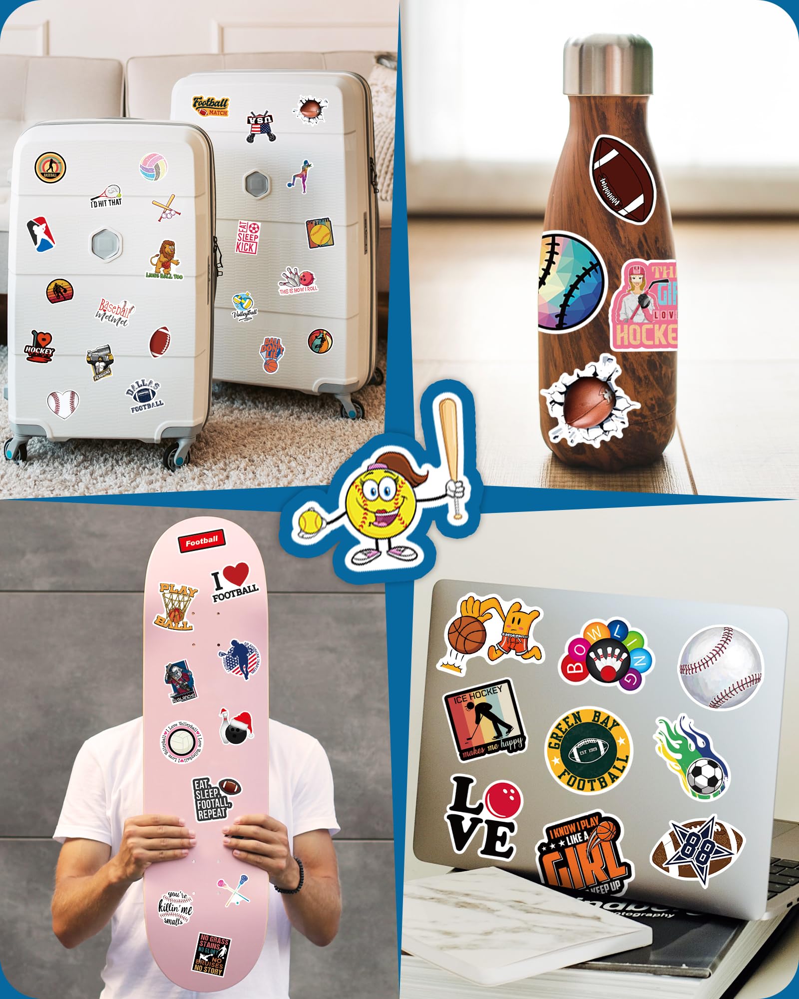 Pcnearty 300 Pcs Sport Stickers For Kids, Water Bottle Stickers, Cute Vinyl Waterproof Hydroflask Phone Skateboard Laptop Sticke