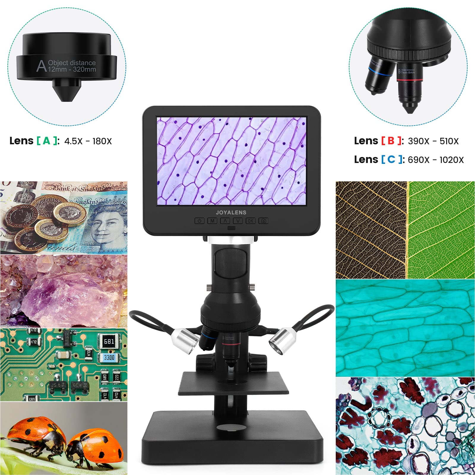 Joyalens Jl246P 3 Lenses 7'' Lcd Digital Microscope 1000   12Mp For Coin Collect Full Size Coin Error Coins, Biological Microsco
