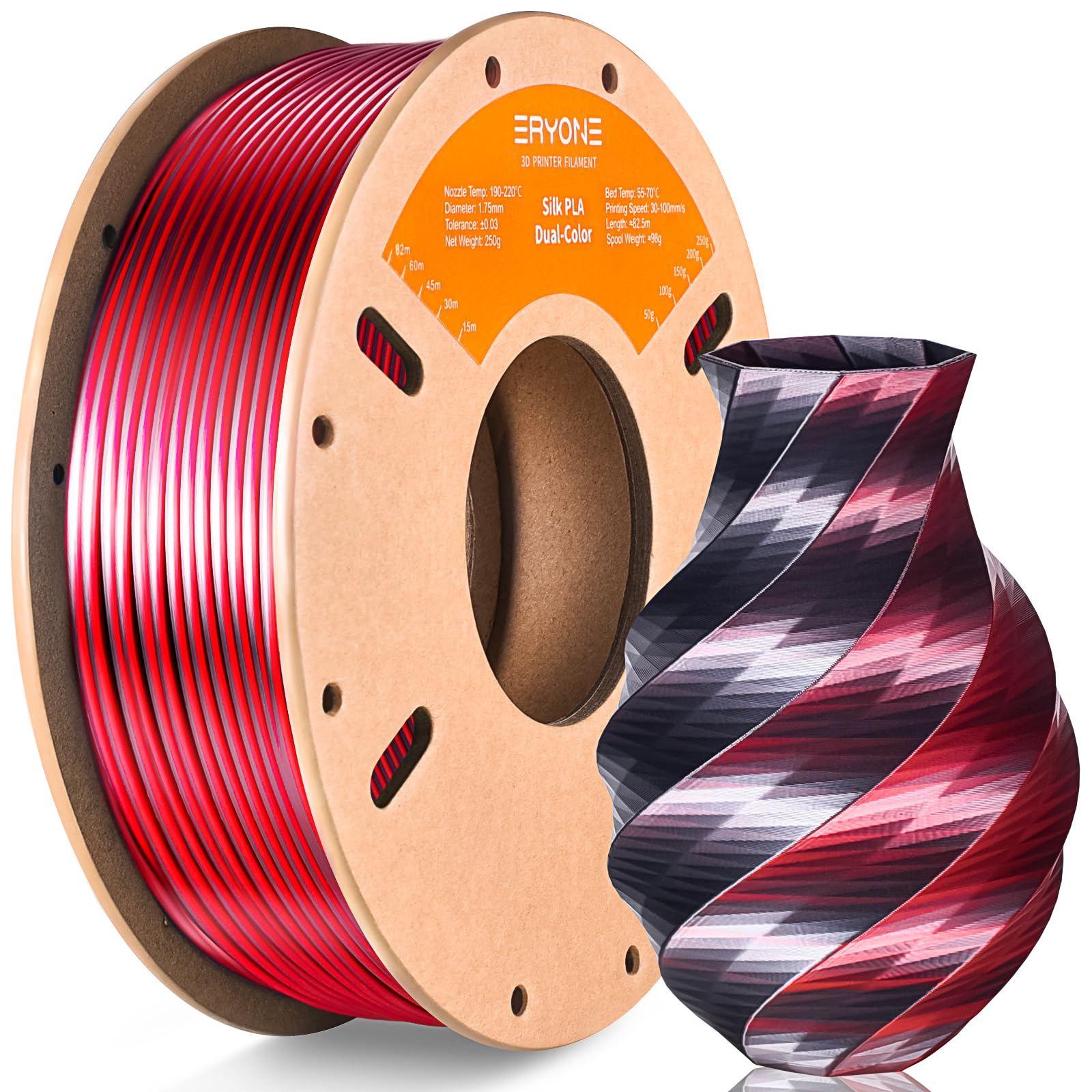 ERYONE Silk Dual Color PLA Filament 3D Printer 1.75mm +/- 0.03mm, Bicolor Filament Two Tone PLA 250G(0.55lbs) Cardboard Spool, B