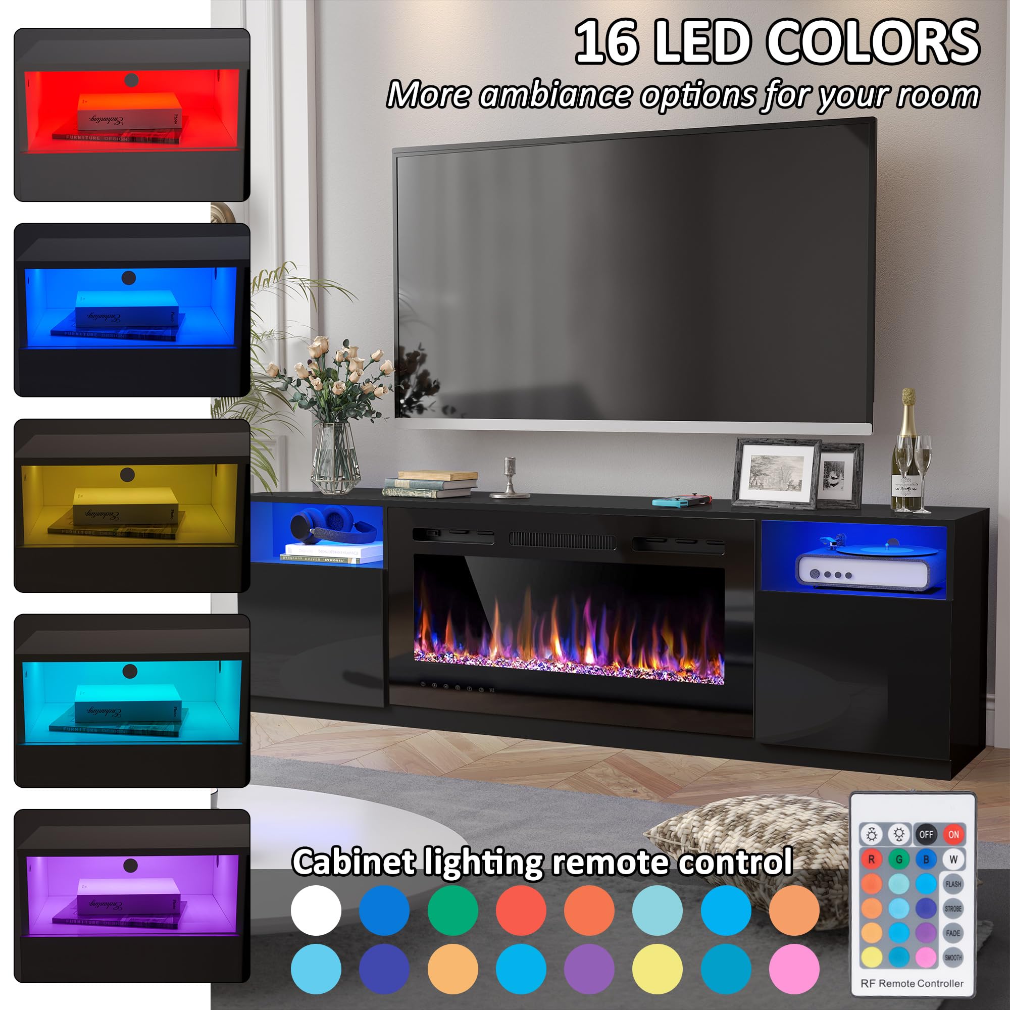 Ahb 70'' Fireplace Tv Stand For Tvs Up To 80'' With 36'' Electric Fireplace, Tv Console For The Living Room, Led Light Entertain