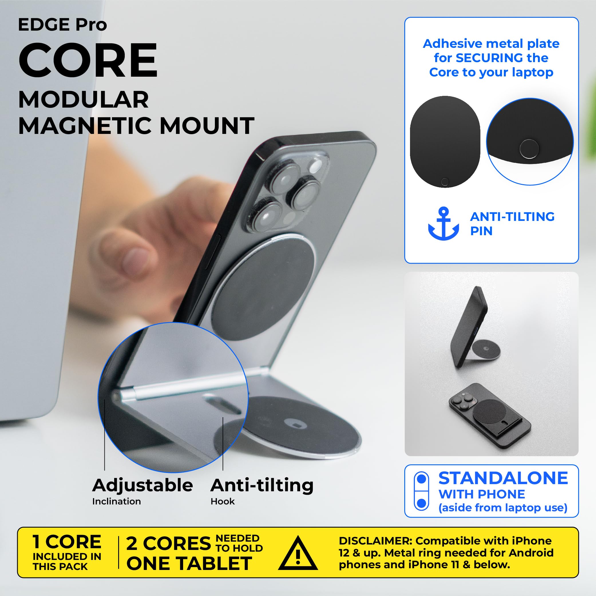 Rolling Square Edge Pro Core - Magnetic Mount Phone Holder Stand For Computers And Tablets | Secure Metal Plate Adhesive Or Stan