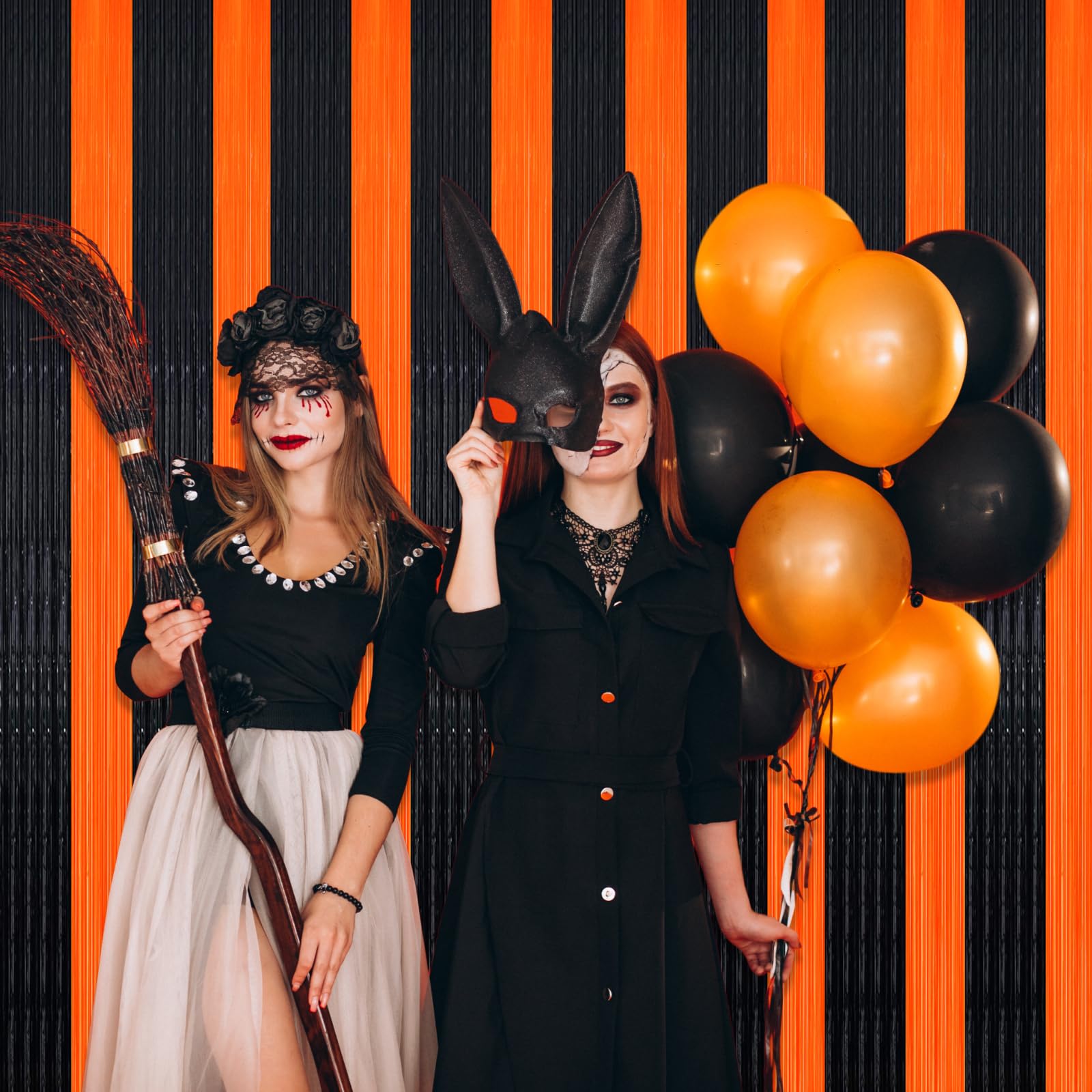 3 Pack Black Orange Foil Fringe Curtain Backdrop, 3.28Ft X 8.2Ft Metallic Tinsel Foil Fringe Streamer Curtains For Photo Booth,