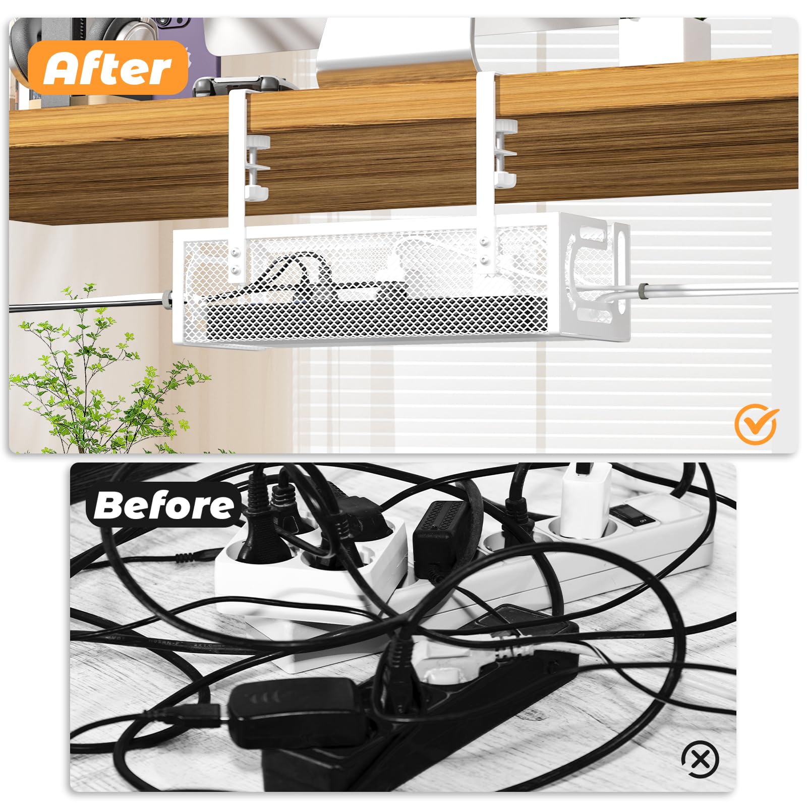Foellstoe 2 Pack Under Desk Cable Management Tray No-Drill Metal Cord Organizer Box White