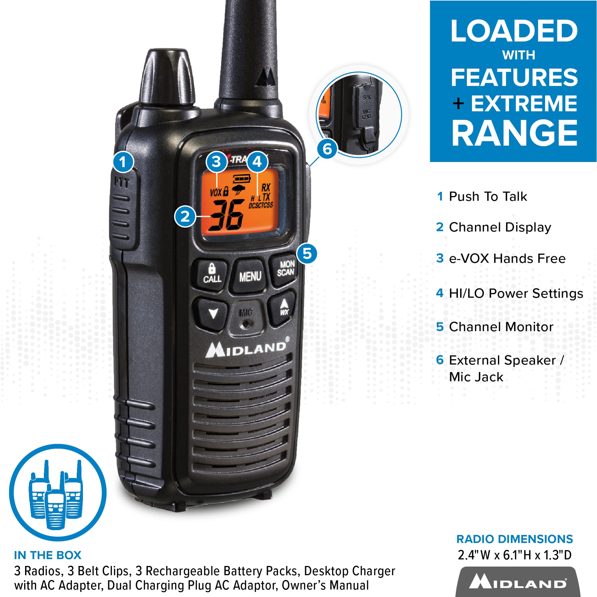 Midland�   Lxt633Vp3 Walkie Talkies With 36 Frs Channels � Two Way Radio Noaa Weather Alert & Scan Technology, Dual Power Options, 121 Privacy Codes, Silent Operation, Xtreme Range � Black, Set Of 3