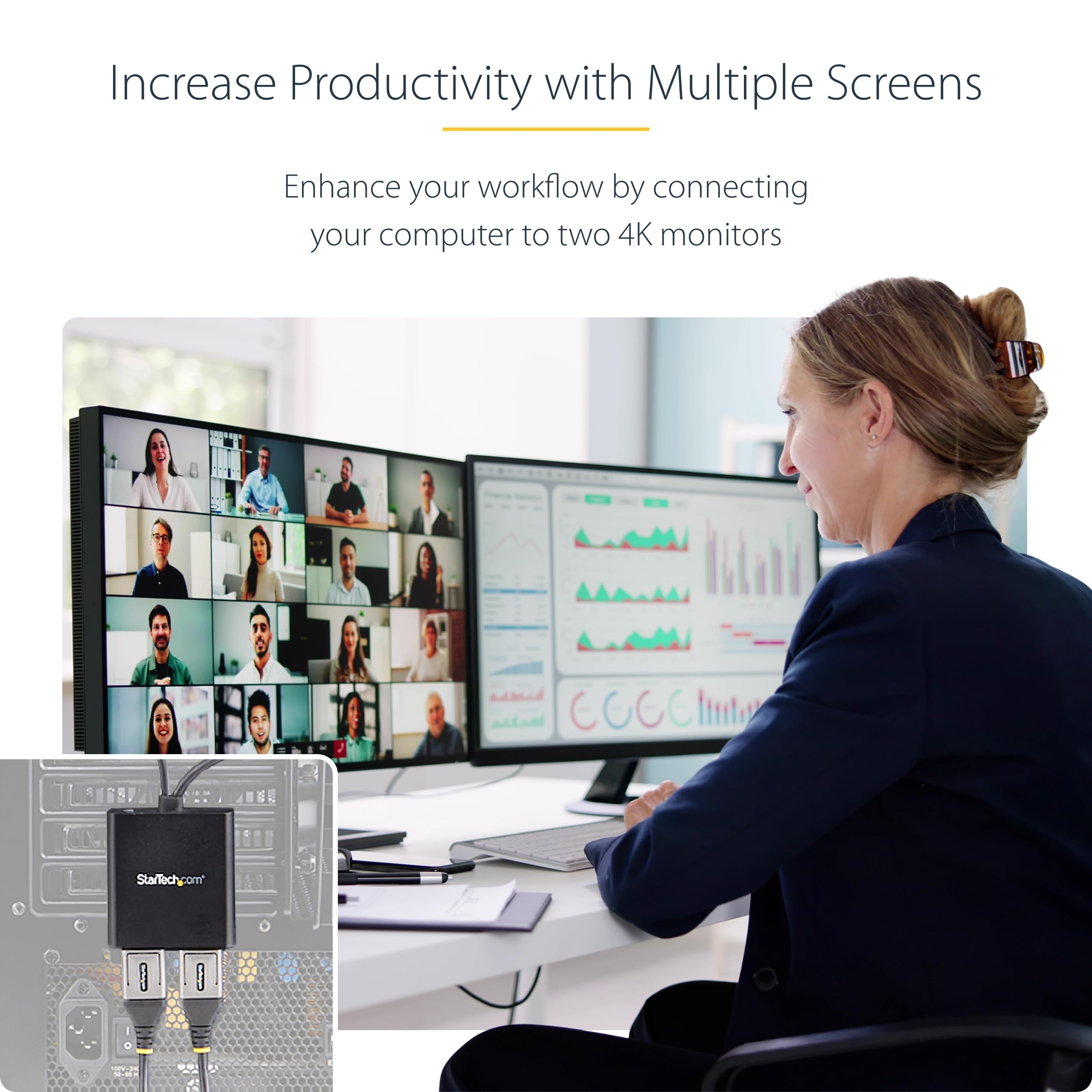 Startech.Com Dual-Monitor Displayport 1.2 Splitter, Dp To 2X Dp Multi-Monitor Adapter, 4K 30Hz/1080P 60Hz Mst Hub For Windows