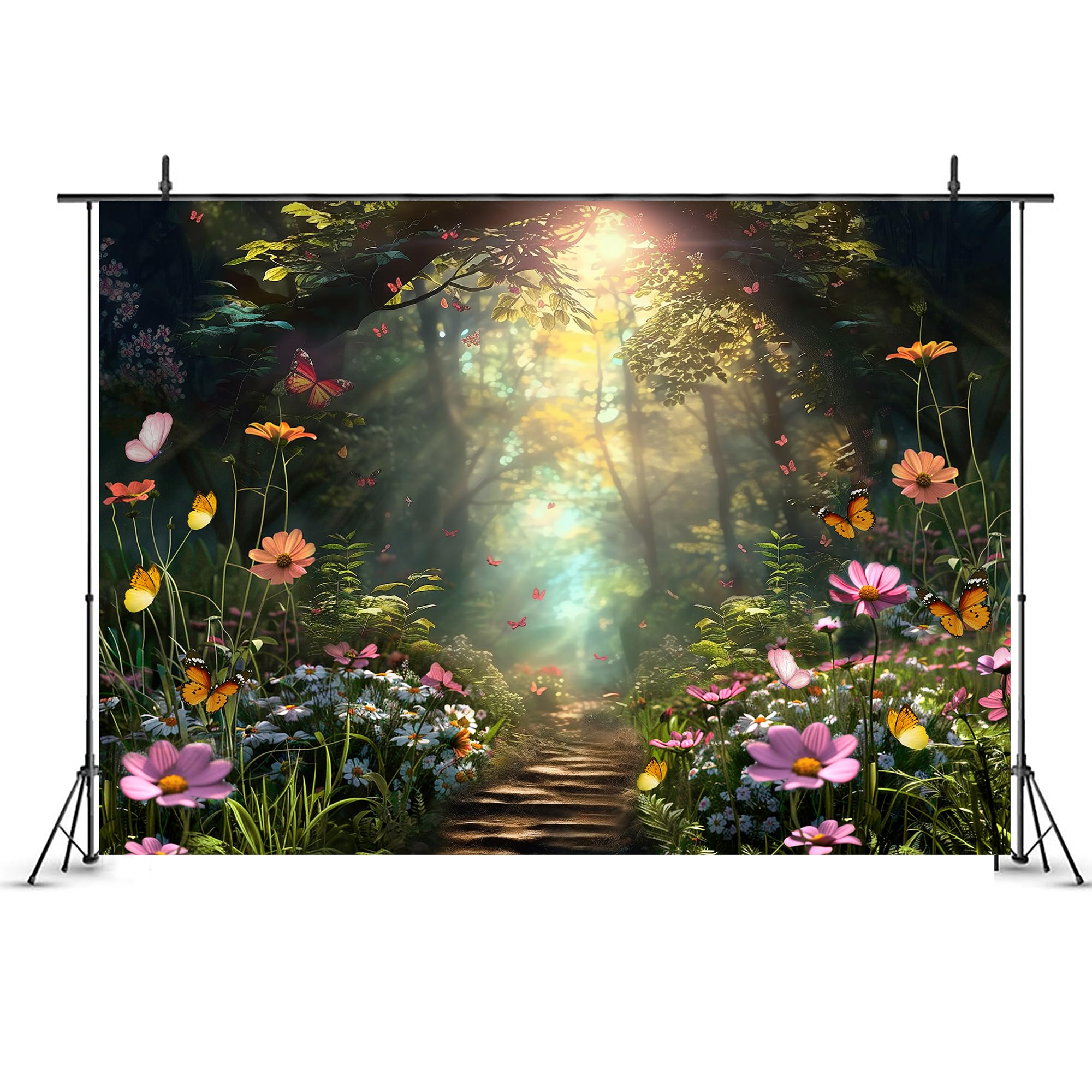 Ufeela Enchanted Fairy Garden Backdrop Woodland Wonderland Spring Daisy Flower Green Butterfly 7Wx5H Feet Fabric Polyester Birth